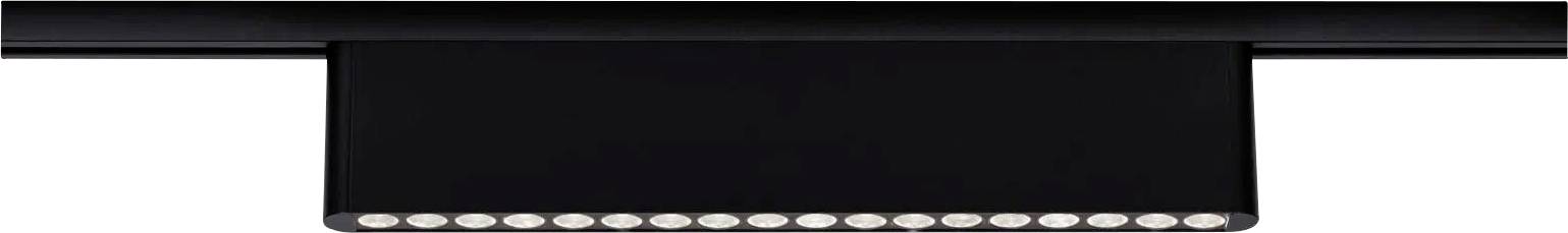 Eine schwarze rechteckige LED-Schienenleuchteinheit mit mehreren kleinen kreisförmigen Leuchten in einer Reihe, konzipiert für moderne Innenbeleuchtung.