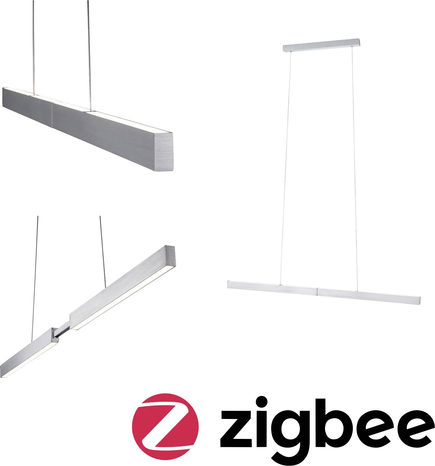 Drei Ansichten einer modernen, schlanken, rechteckigen silbernen Leuchte, die an Drähten aufgehängt ist. Das Zigbee-Logo ist unten dargestellt.