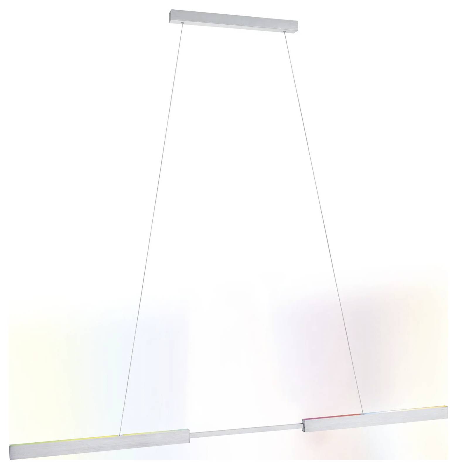 Eine moderne, minimalistische lineare Pendelleuchte hängt an zwei dünnen Drähten und verfügt über zwei schmale, horizontale Balken, die ein weiches, mehrfarbiges Leuchten erzeugen.