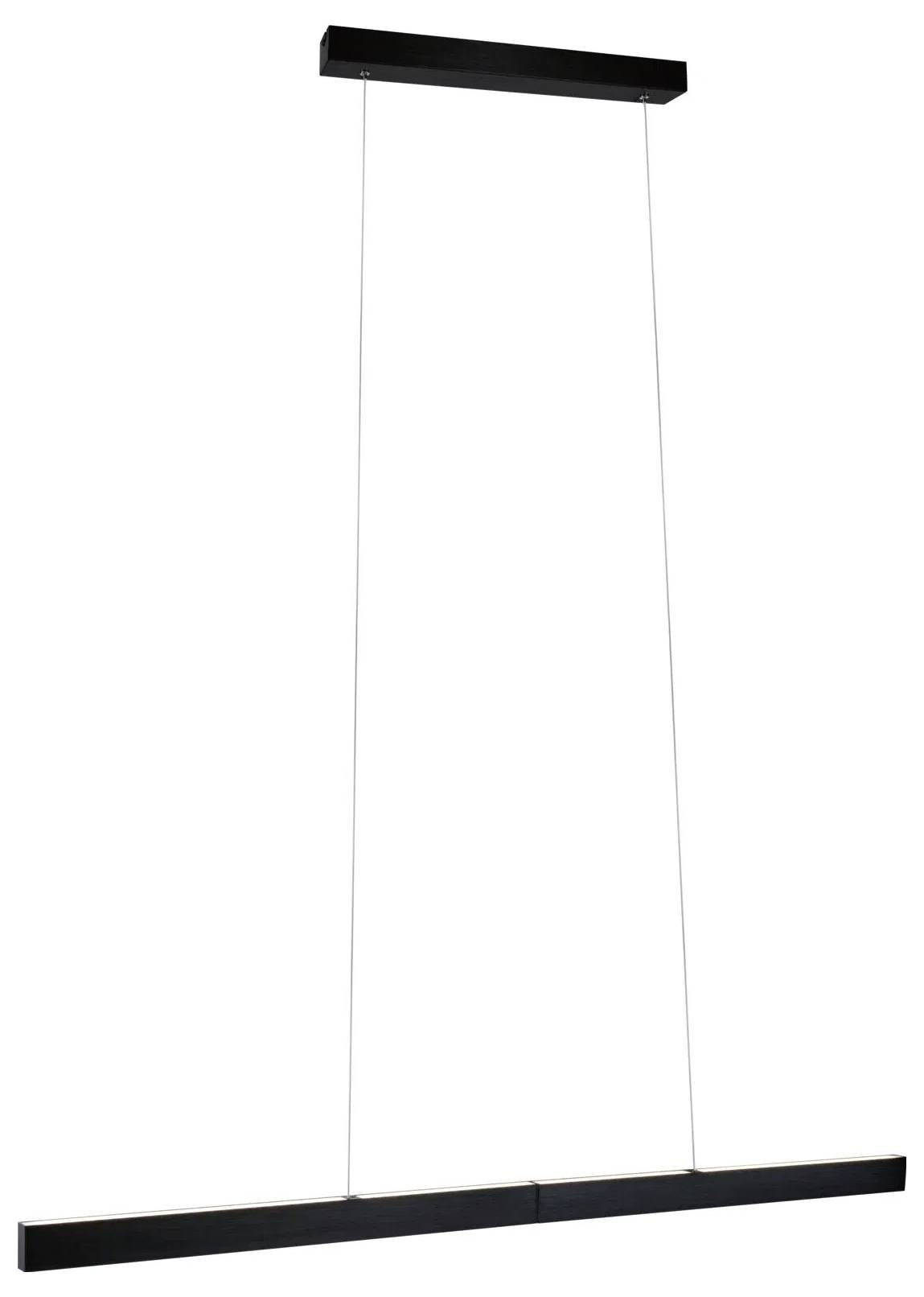 Ein schlankes, rechteckiges schwarzes Hängependel hängt horizontal, aufgehängt an dünnen Drähten von einer passenden Deckenhalterung, geeignet für moderne Innenräume.