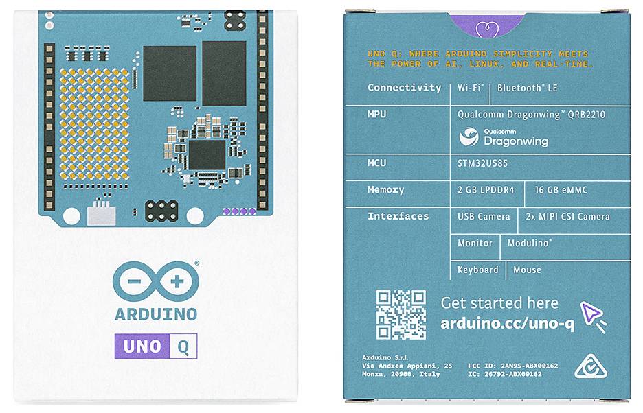 Vorderseite der Arduino Uno Q Box mit einem stilisierten Schaltkreis-Design und Logo. Rückseite listet technische Spezifikationen und Website für weitere Details auf.