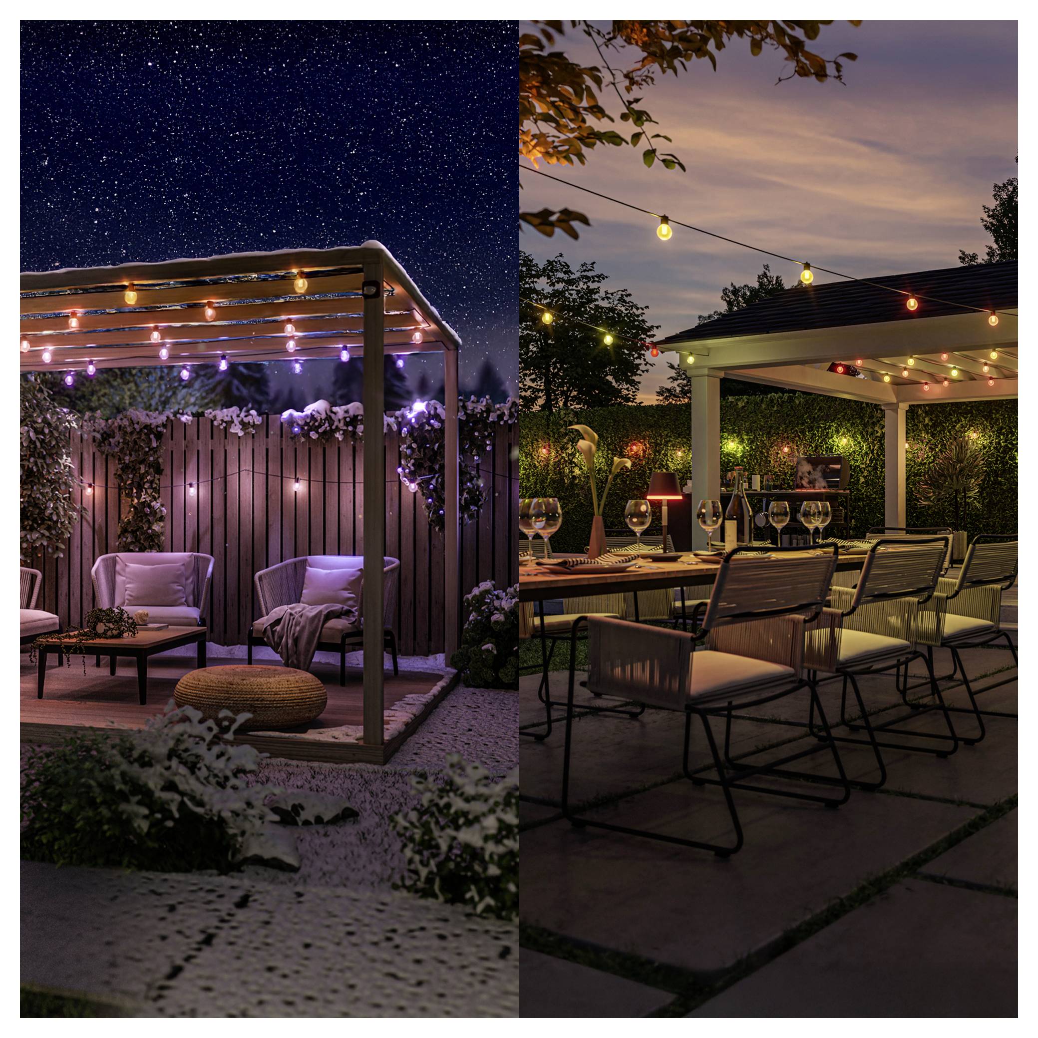 Outdoor-Terrasse, unterteilt durch Zeit: Sternennacht mit violetten Lichtern auf der linken Seite, Sonnenuntergang mit warmen Lichtern auf der rechten Seite. Gemütliche Sitzgelegenheiten und Dekoration.