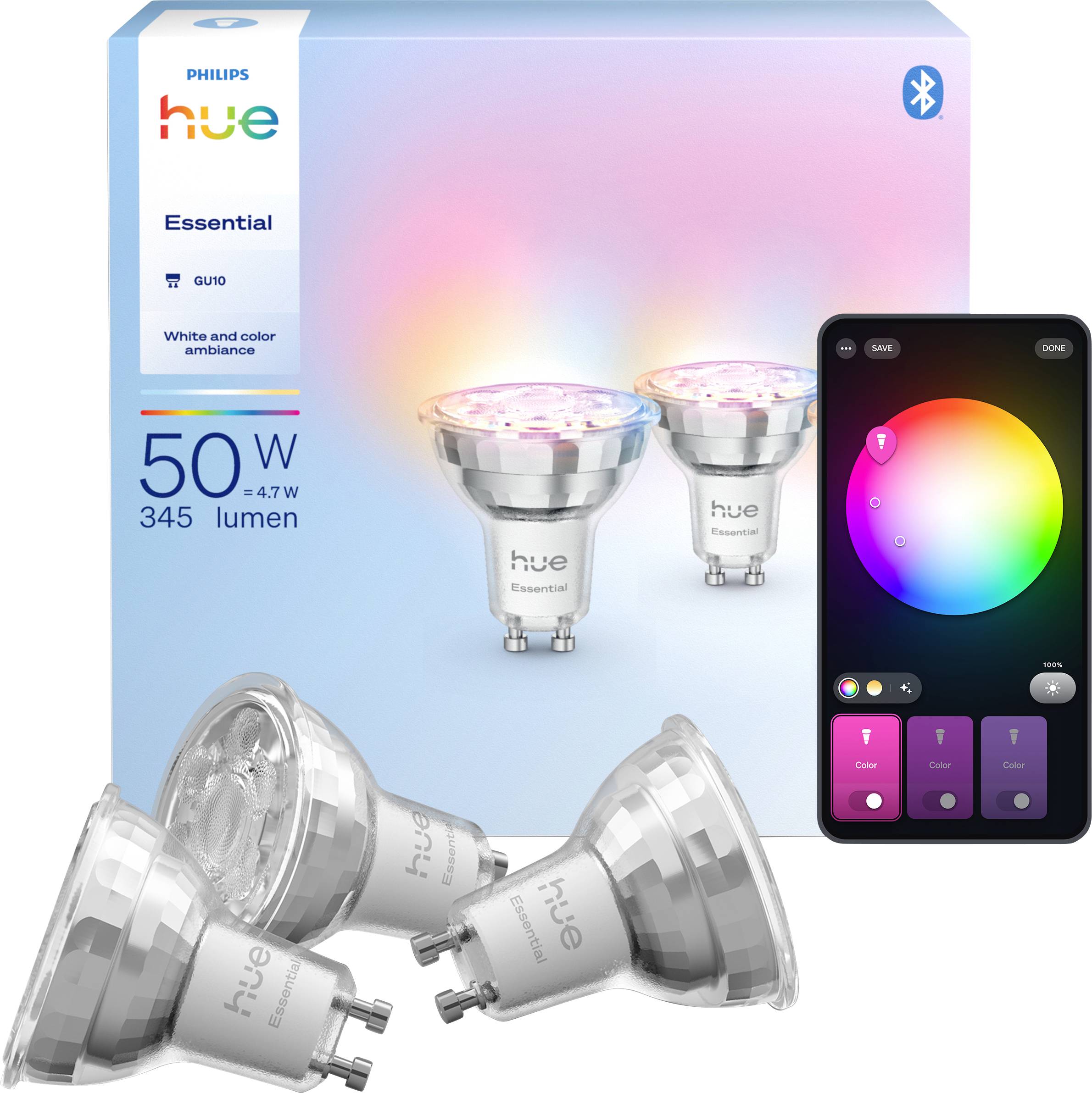 Philips Hue Essential GU10 Leuchtmittel mit App zur Farbauswahl. Verpackung zeigt eine Helligkeit von 345 Lumen und einen Äquivalenzwert von 50 Watt.