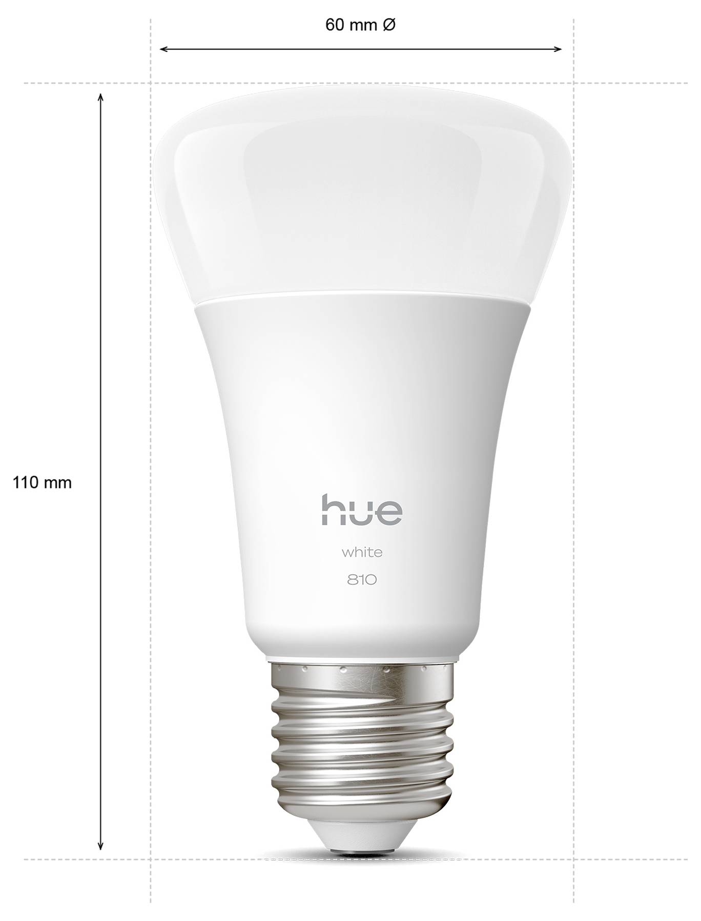Eine weiße Philips Hue Glühbirne mit folgenden Spezifikationen: 110 mm Höhe, 60 mm Durchmesser. Glühbirne mit der Bezeichnung 'hue white 810'.