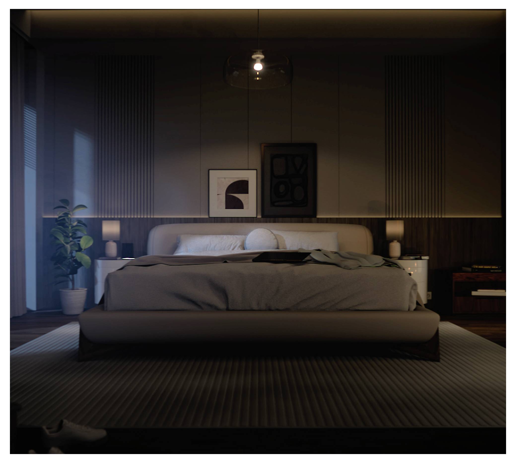 Ein modernes Schlafzimmer mit einem niedrigen, beigen Bett, umgeben von warmem Licht. Eine Pflanze, gerahmte Kunstwerke und zwei Nachttische sorgen für eine minimalistische Dekoration.