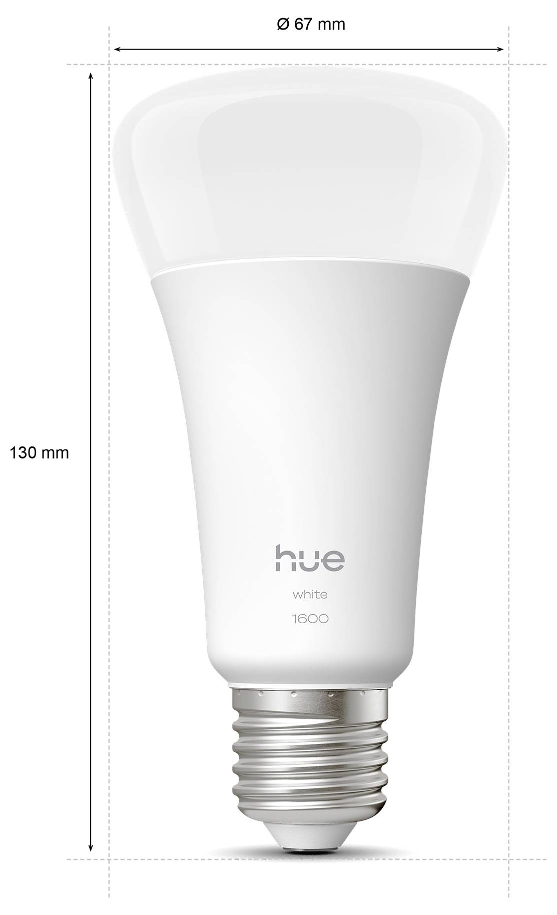 Smart LED-Glühbirne mit mattem Glasdeckel, 130 mm hoch und 67 mm im Durchmesser. Text lautet „hue white 1600
