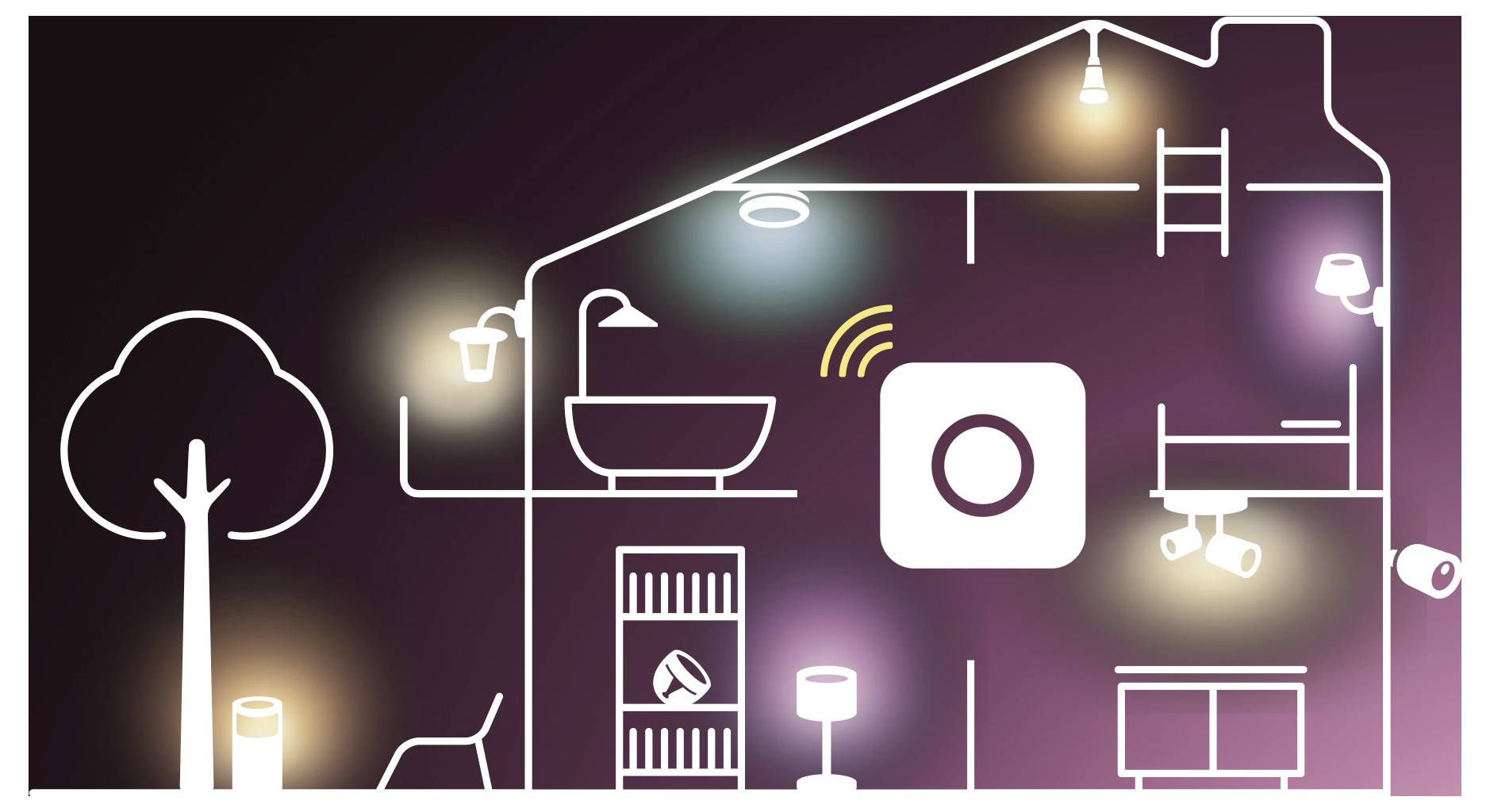 Darstellung eines Smart-Home-Interieurs. Objekte wie Lampen, eine Badewanne und Regale sind miteinander verbunden, was Automatisierung und Vernetzung andeutet.