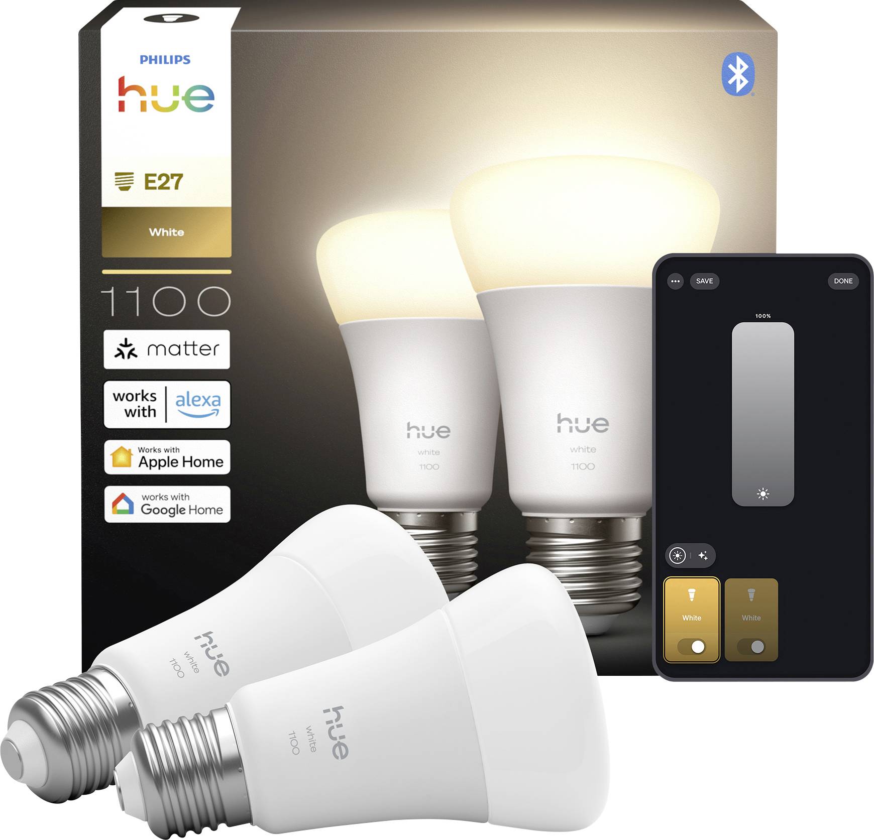 Philips Hue E27 Smart-Glühbirnen und Fernbedienung, kompatibel mit Alexa, Apple Home und Google Home, in Verpackung gezeigt.