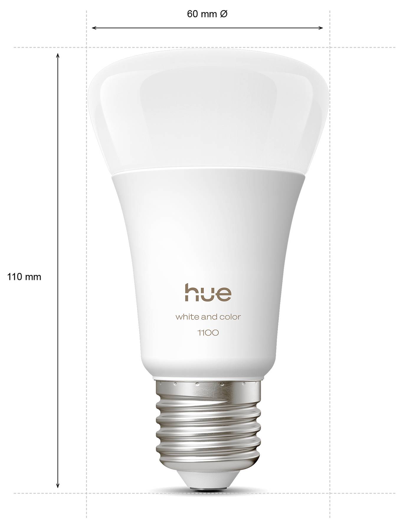 Eine weiße Smart-Lampe mit der Bezeichnung „hue white and color 1100