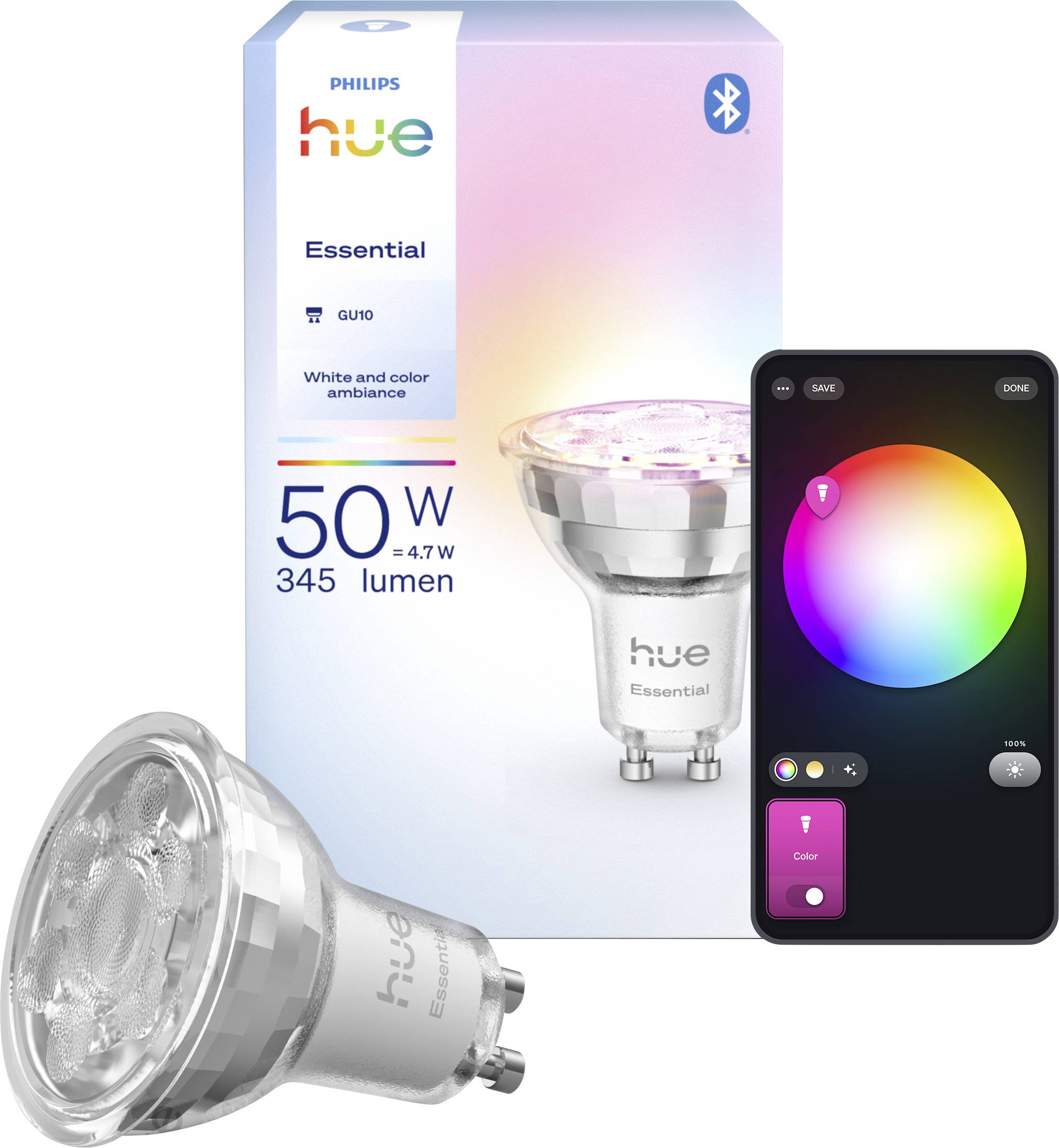 Eine Philips Hue Essential Smart-Lampe neben ihrer Verpackung und einem Smartphone mit einer Farbauswahl-App-Benutzeroberfläche.