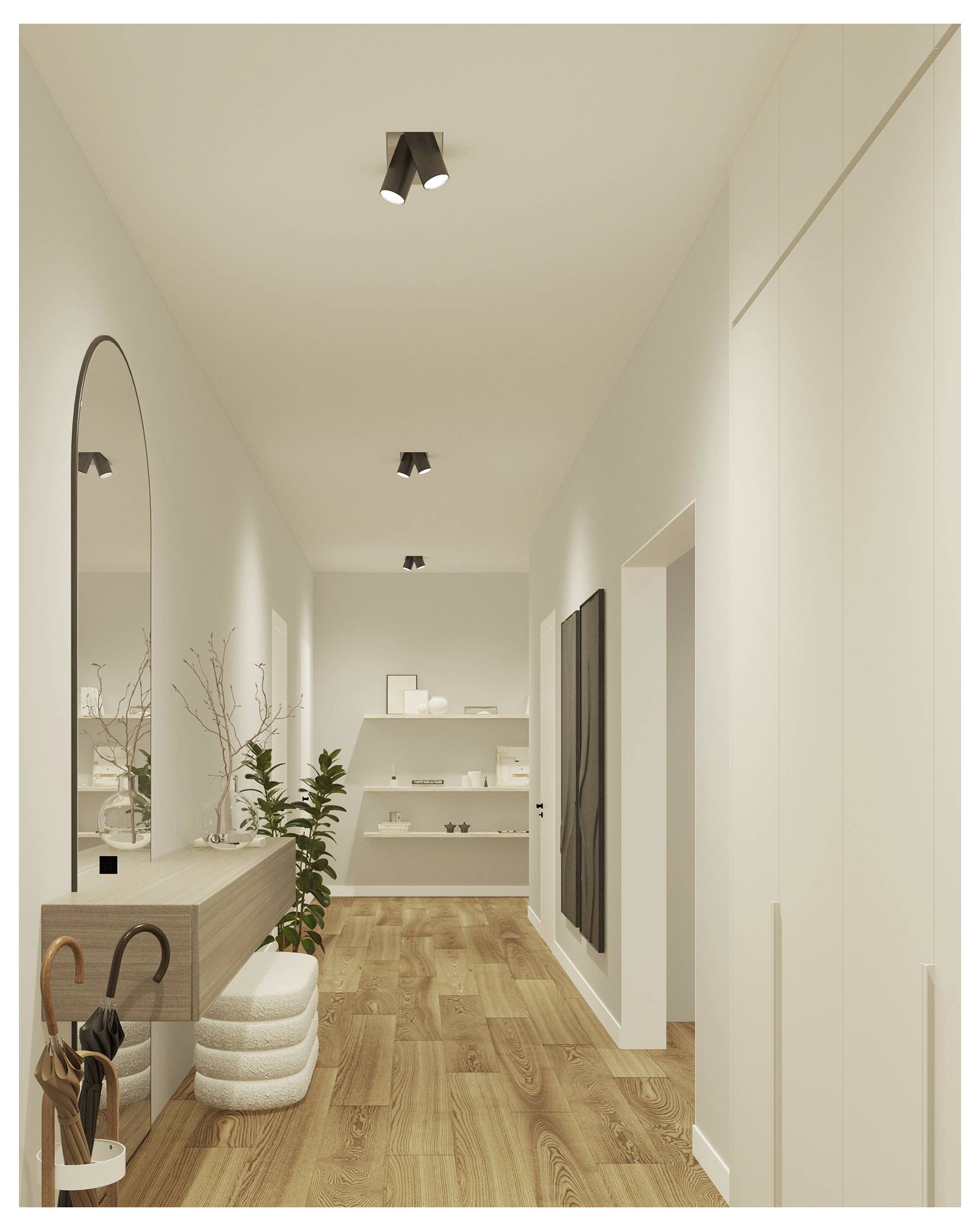 Ein moderner Flur mit Holzfußboden, einem Konsolentisch mit dekorativen Gegenständen und wandmontierte Regale. Ein großer Spiegel und eine Topfpflanze verleihen Eleganz.