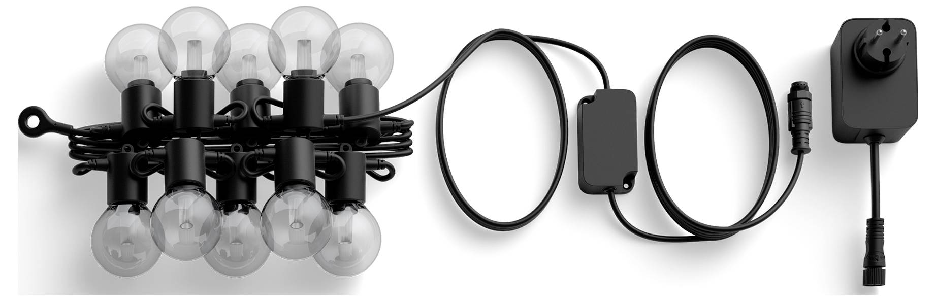 Lichterkette mit Lampenfassungen und Stecker, sauber aufgerollt neben einem Netzteil, entwickelt für dekorative Außenbeleuchtung.