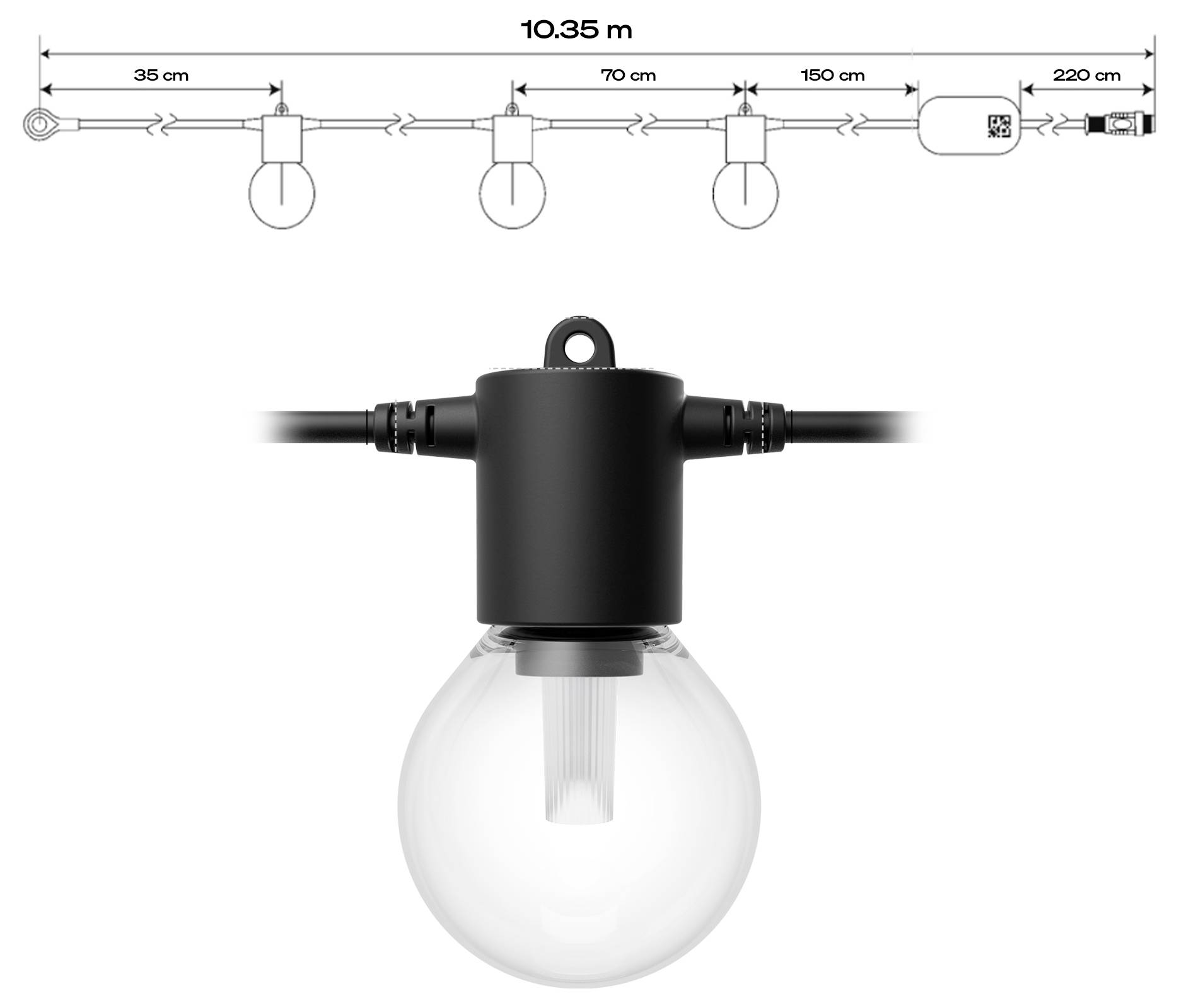 Lichterkette mit drei Glühbirnen, die in Abständen von 35 cm, 70 cm und 150 cm angeordnet sind. Die Gesamtlänge des Kabels beträgt 10,35 m und endet in einem Stecker.