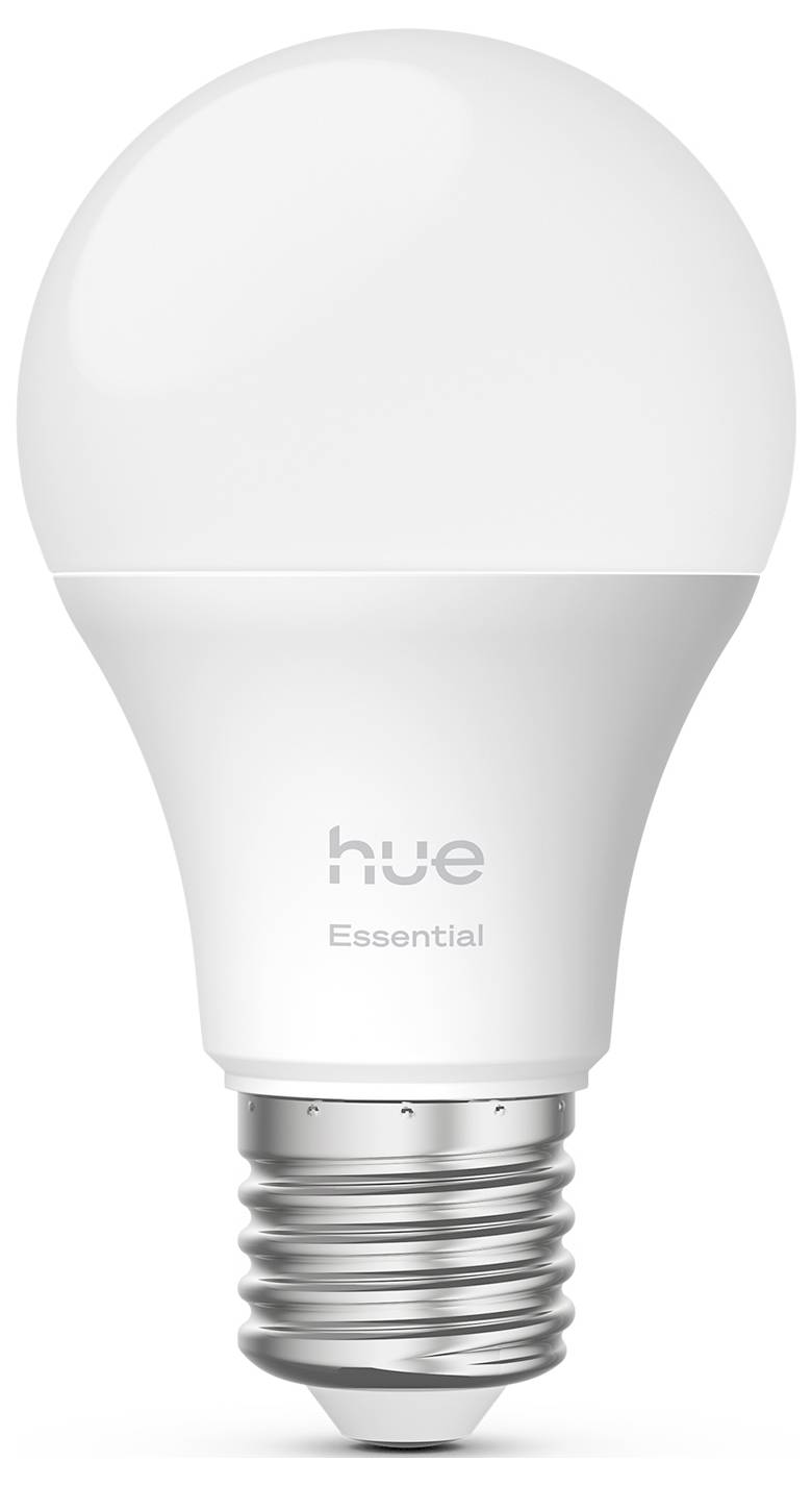 Eine weiße Smart-Glühbirne mit der Bezeichnung 'hue Essential' und einer Standard-Schraubfassung, die für Smart-Home-Beleuchtungslösungen entwickelt wurde.