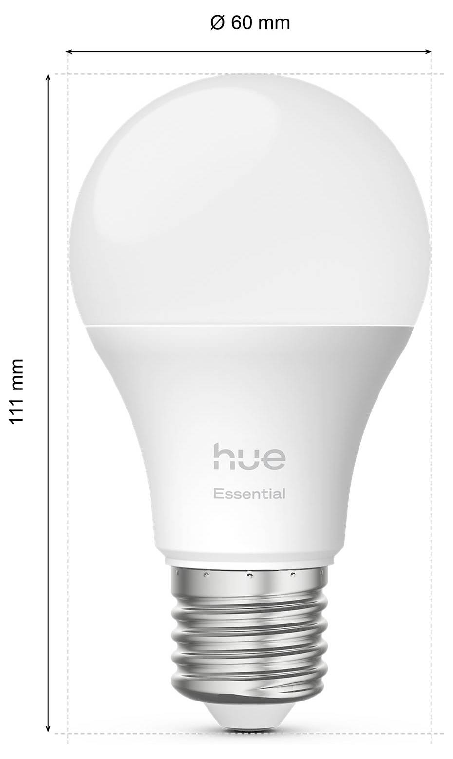 Philips Hue Essential LED-Lampe mit den Abmessungen: 111 mm Höhe, 60 mm Durchmesser.
