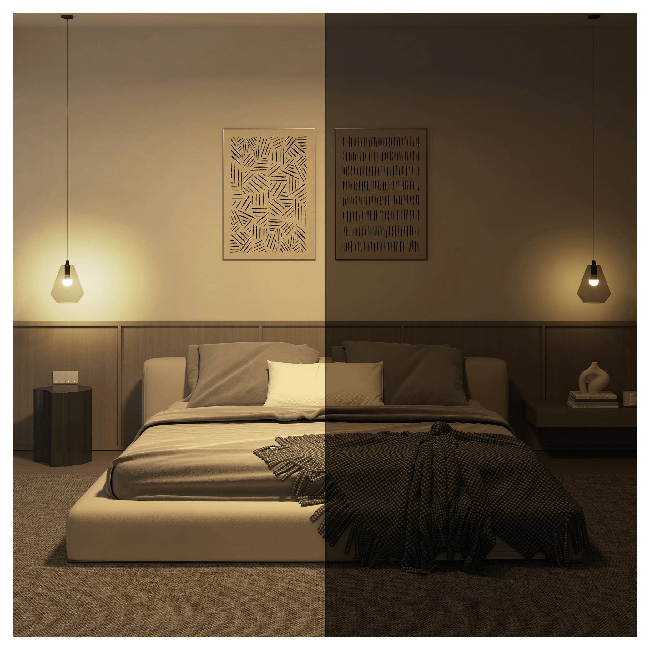 Ein Schlafzimmer mit einem Bett, Kissen und Lampen an beiden Seiten. Die linke Seite ist hell erleuchtet, während die rechte Seite dunkel ist und einen Beleuchtungskontrast zeigt.