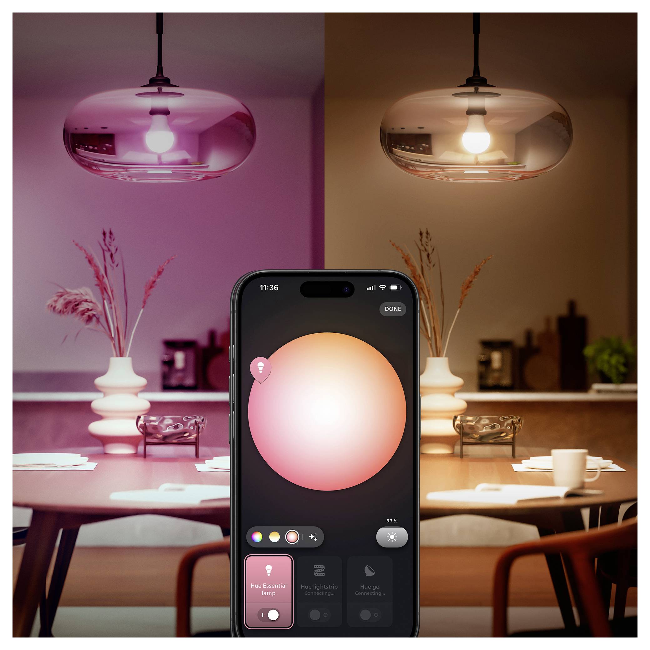 Ein Smartphone-Bildschirm zeigt eine Beleuchtungssteuerungs-App, die die Farbnuance eines Deckenlichts in einem modernen Esszimmer mit Vasen und einer Tasse auf dem Tisch anpasst.