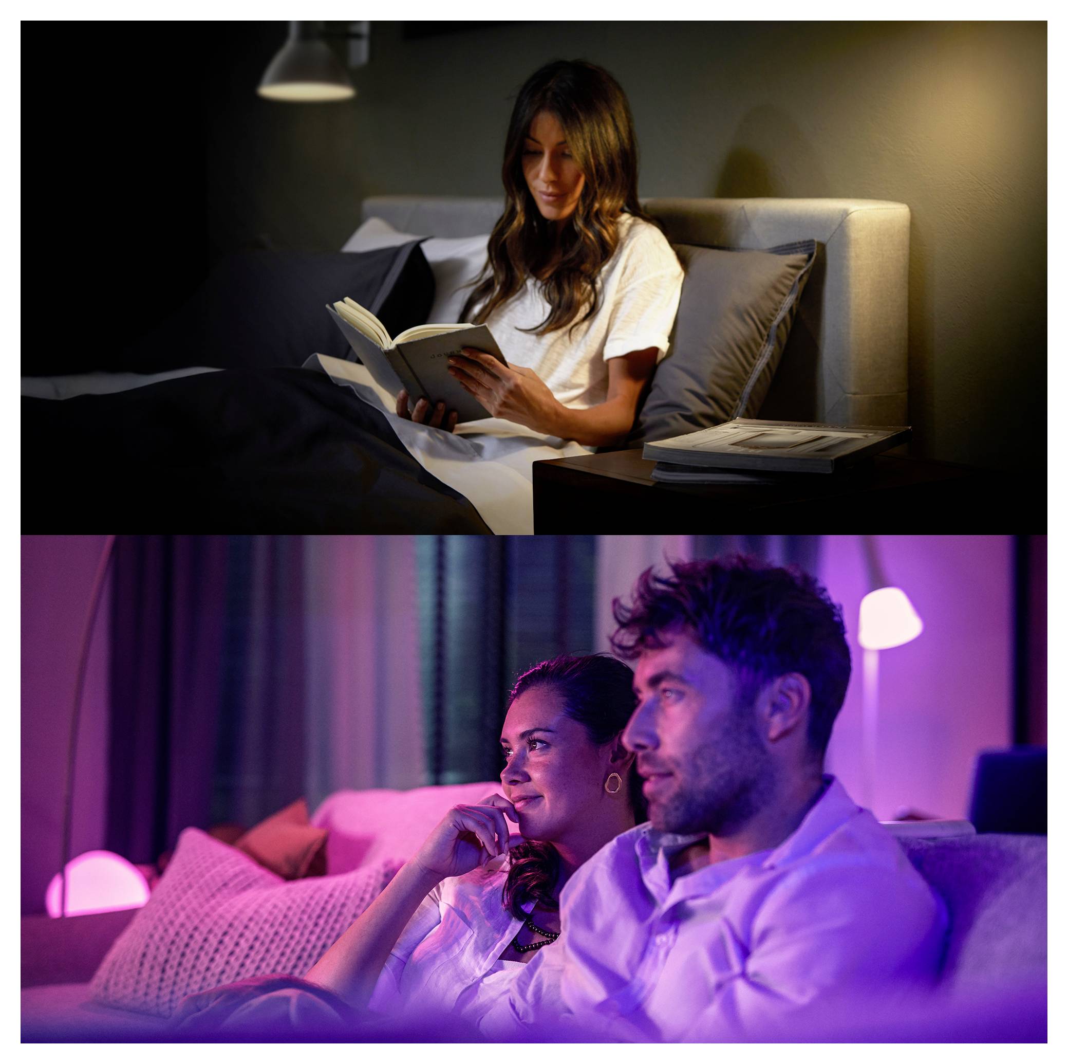 Eine Frau liest ein Buch im Bett unter einer Lampe, während in einer anderen Szene ein Mann und eine Frau gemeinsam auf einem Sofa sitzen und etwas aufmerksam verfolgen.