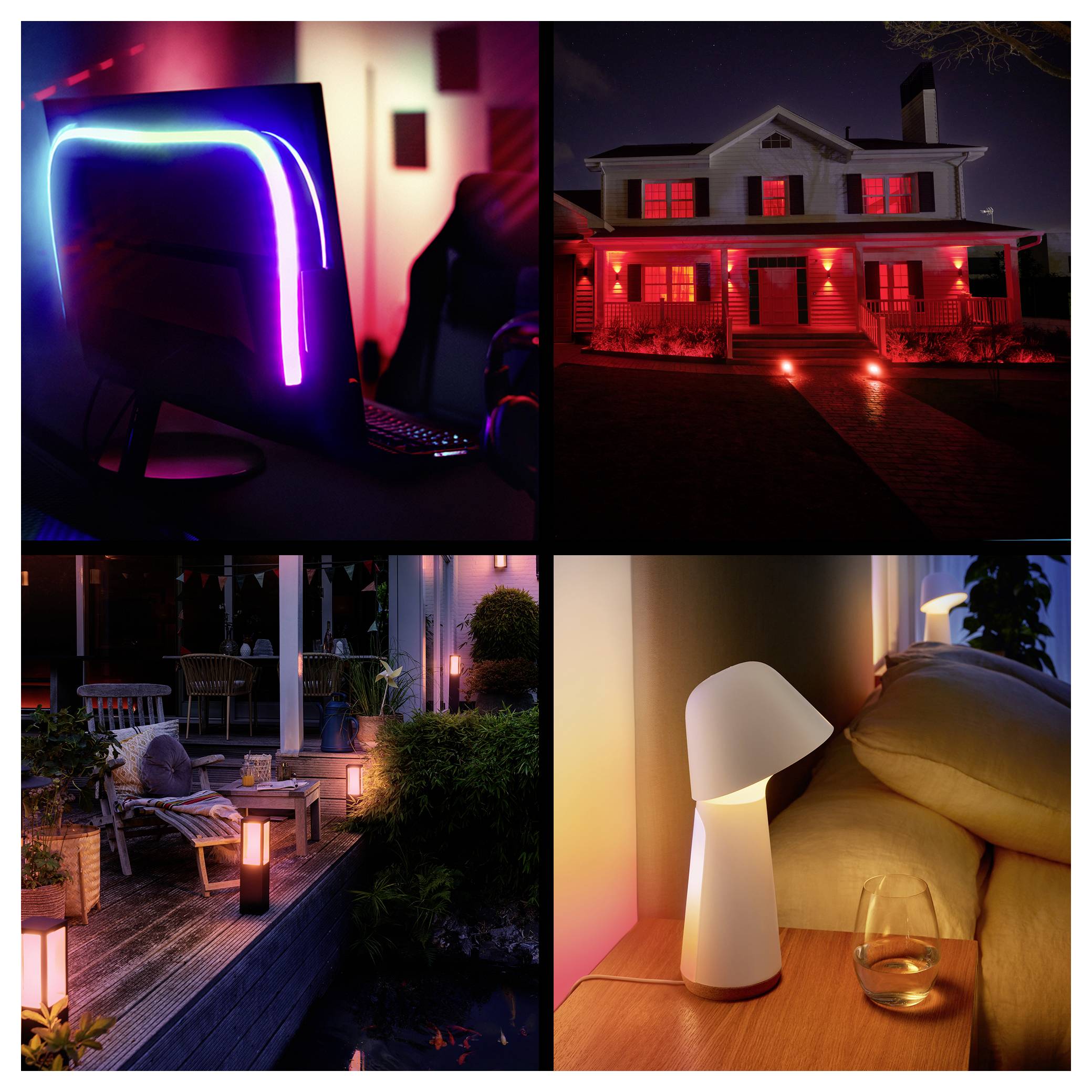 Eine Collage, die verschiedene Beleuchtungssetups zeigt: ein Computerbildschirm mit LED-Lichtern, ein Haus mit roter Außenbeleuchtung, eine Terrasse mit warmen Lichtern und eine gemütliche Innenlampe neben einem Sofa.