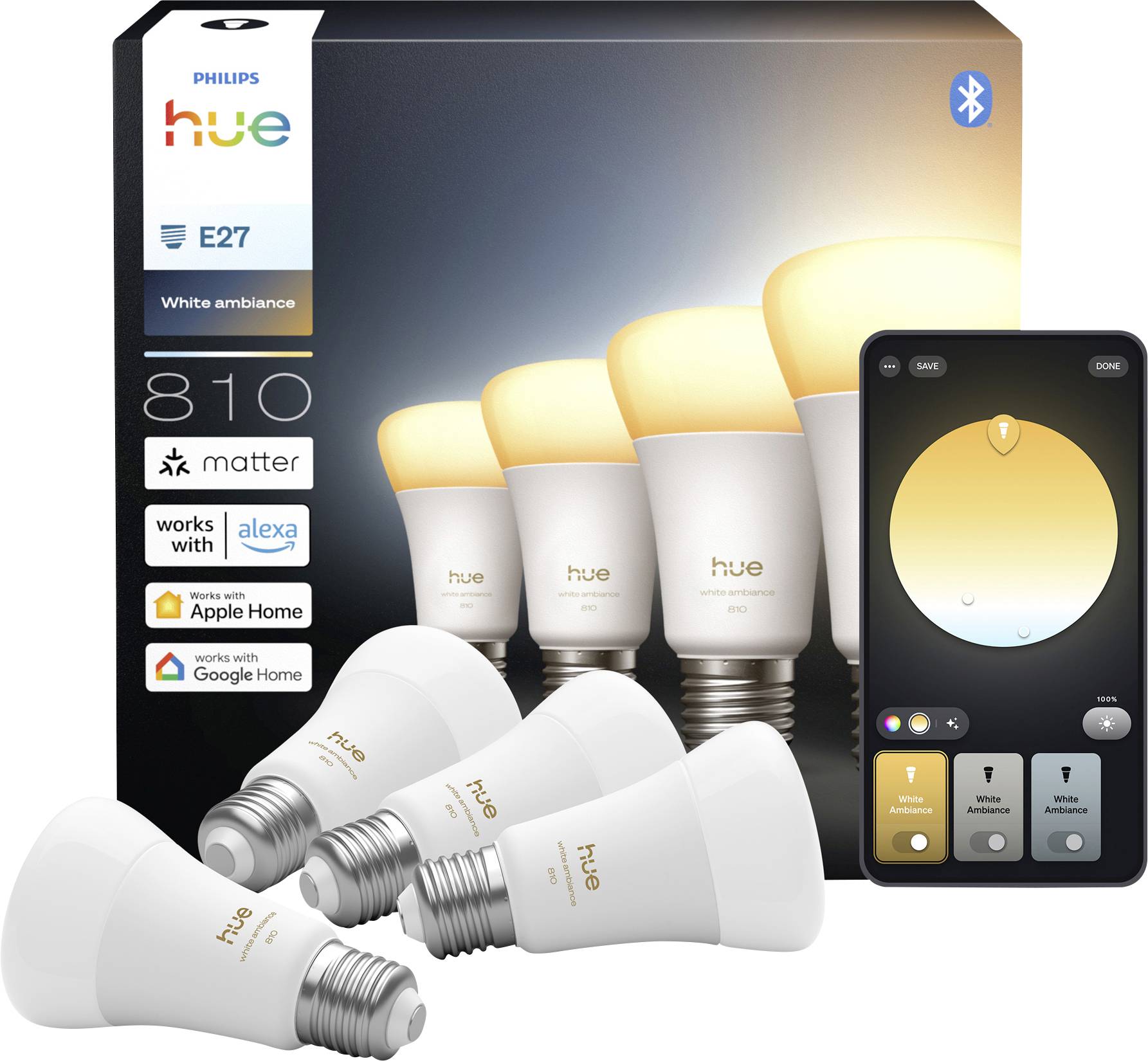 Philips Hue White Ambiance Smart-Glühbirnen 4er-Pack, Bluetooth-Steuerung, kompatibel mit Alexa, Apple Home und Google Home Assistenten.