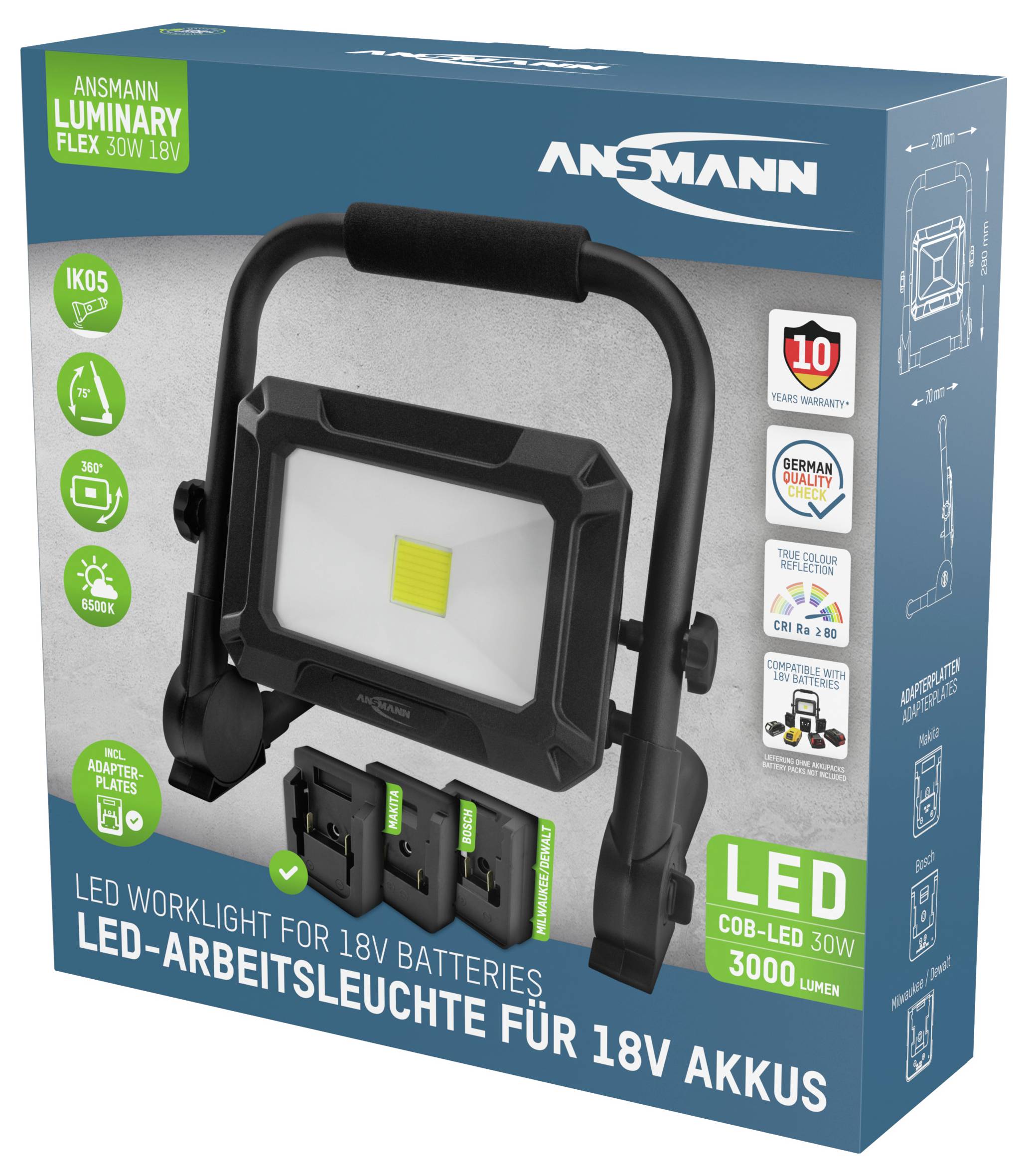 Ansmann 1600-0639 LED Strahler FL30W 18V Powertool-Akkupacks, inkl. Adapterplatten COB LED, Akkubetriebenes LED-Leuchtmittel