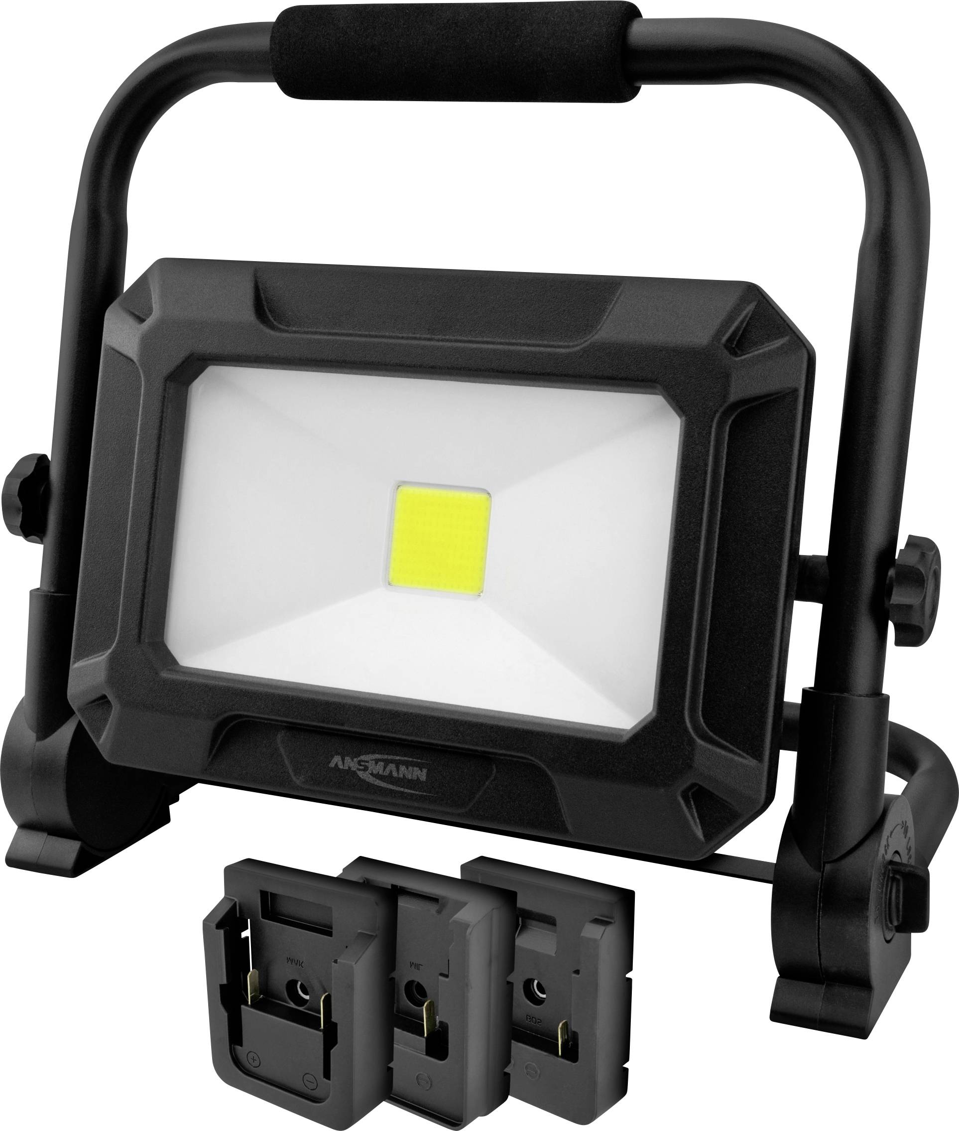 Eine tragbare schwarze LED-Flutlichtstrahler mit Griff, konzipiert für den Außeneinsatz. Er verfügt über Batteriefächer an der Basis.