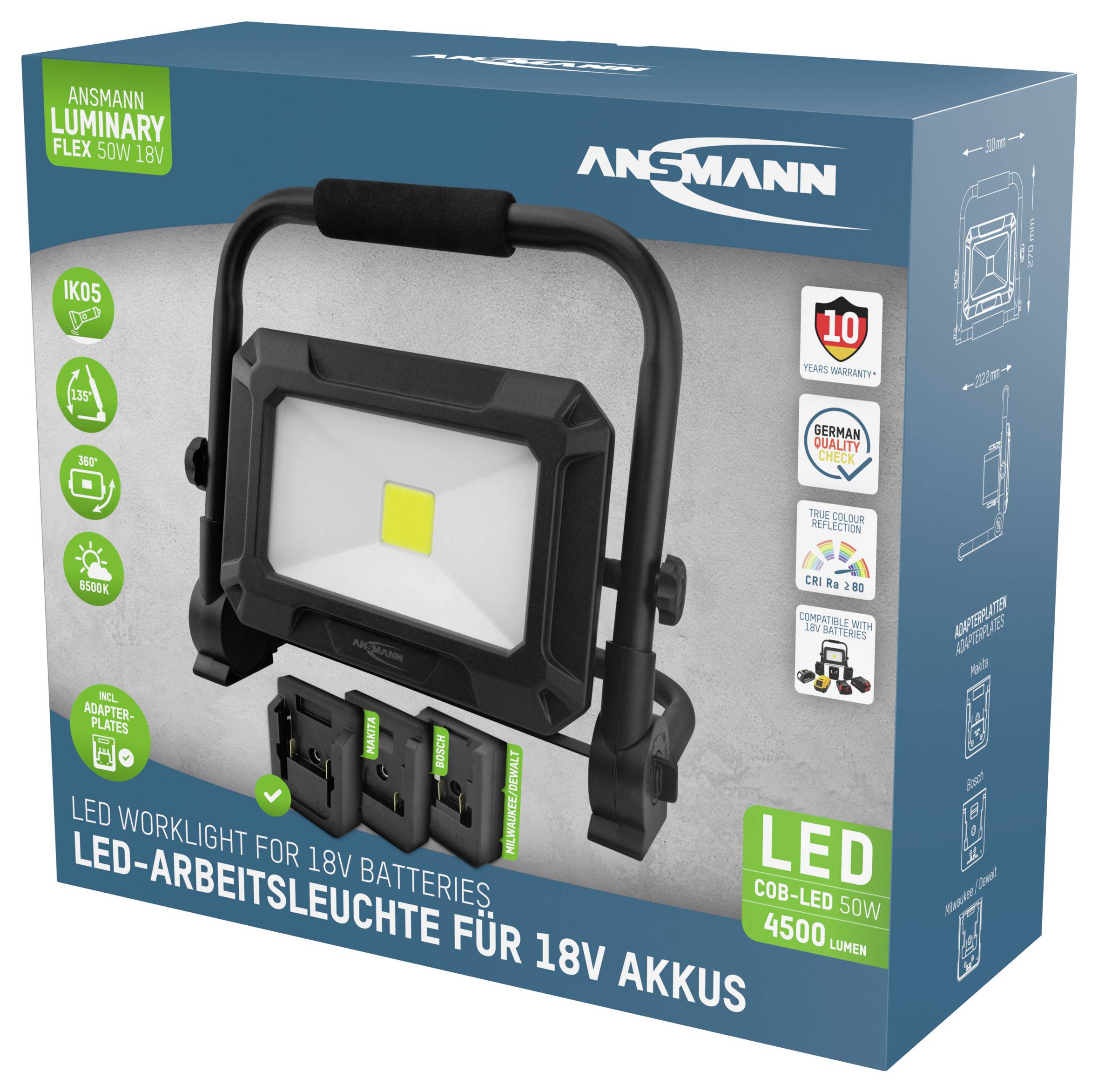 Ansmann 1600-0713 LED Strahler FL50W 18V Powertool-Akkupacks, inkl. Adapterplatten Akkubetriebenes LED-Leuchtmittel, COB LED Strahler 50 W 4500 lm