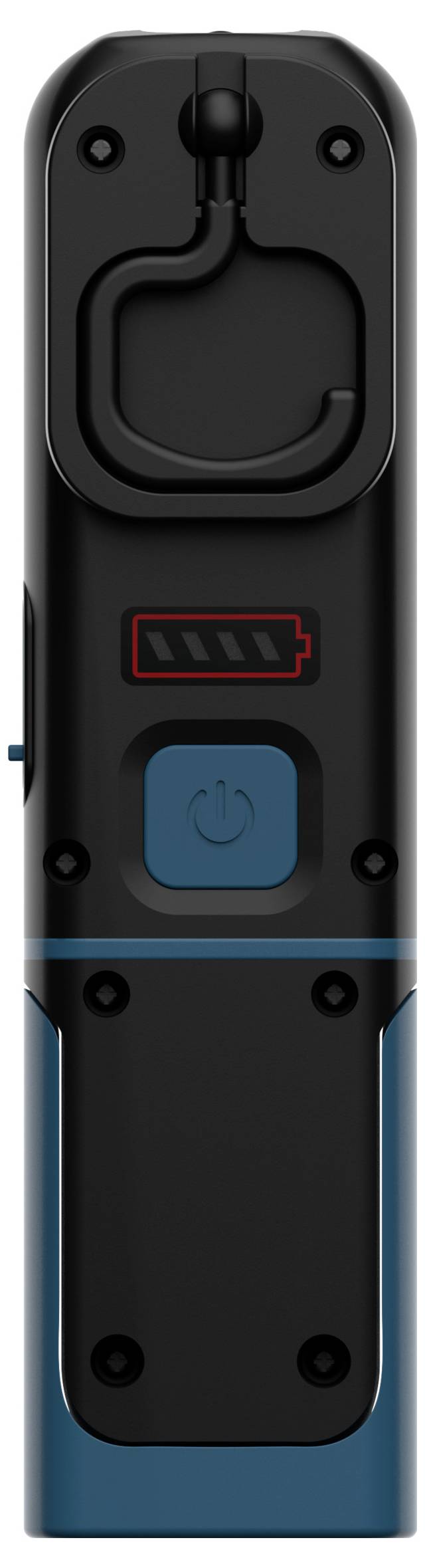 Ein Gerät mit kompaktem, rechteckigem Design, das einen Batterieanzeiger und einen Einschaltknopf aufweist.