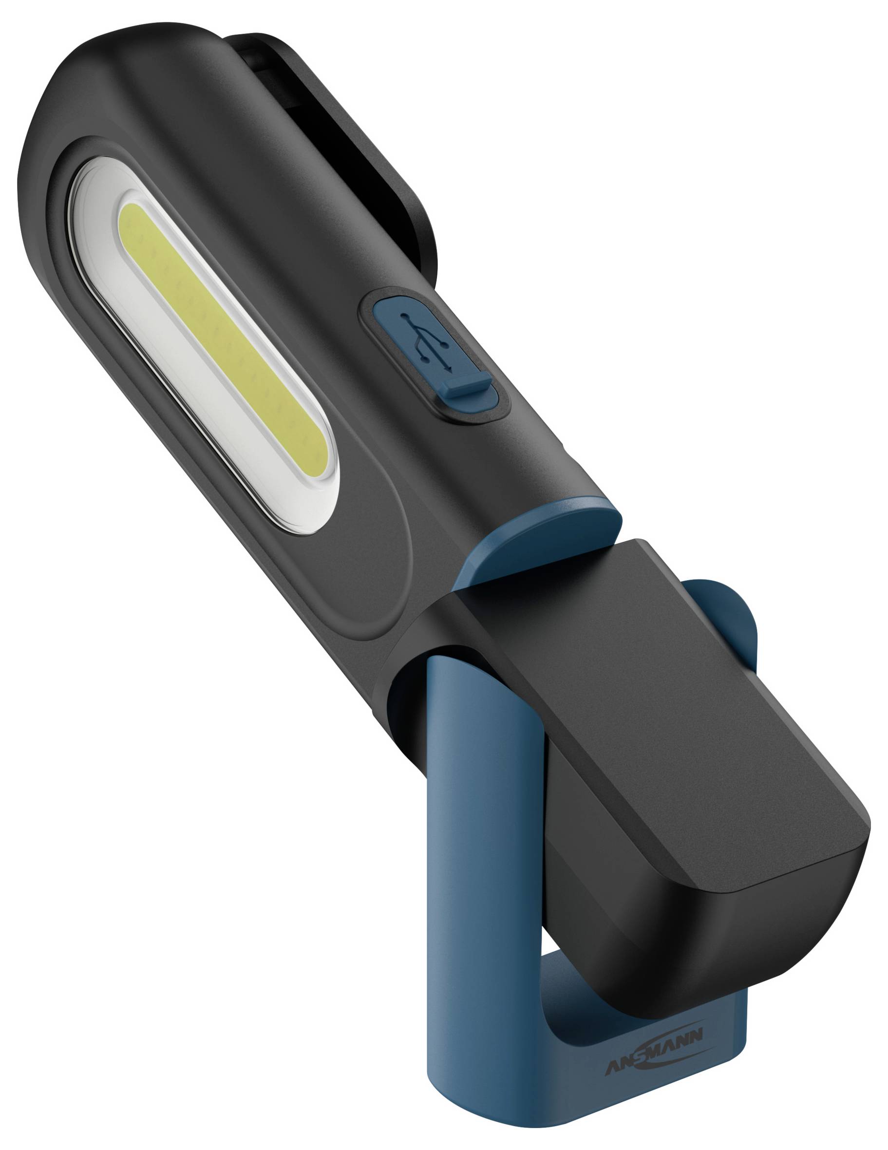 Eine kompakte, multifunktionale Taschenlampe in Schwarz und Blau mit verstellbarer Basis und USB-Ladeanschluss.