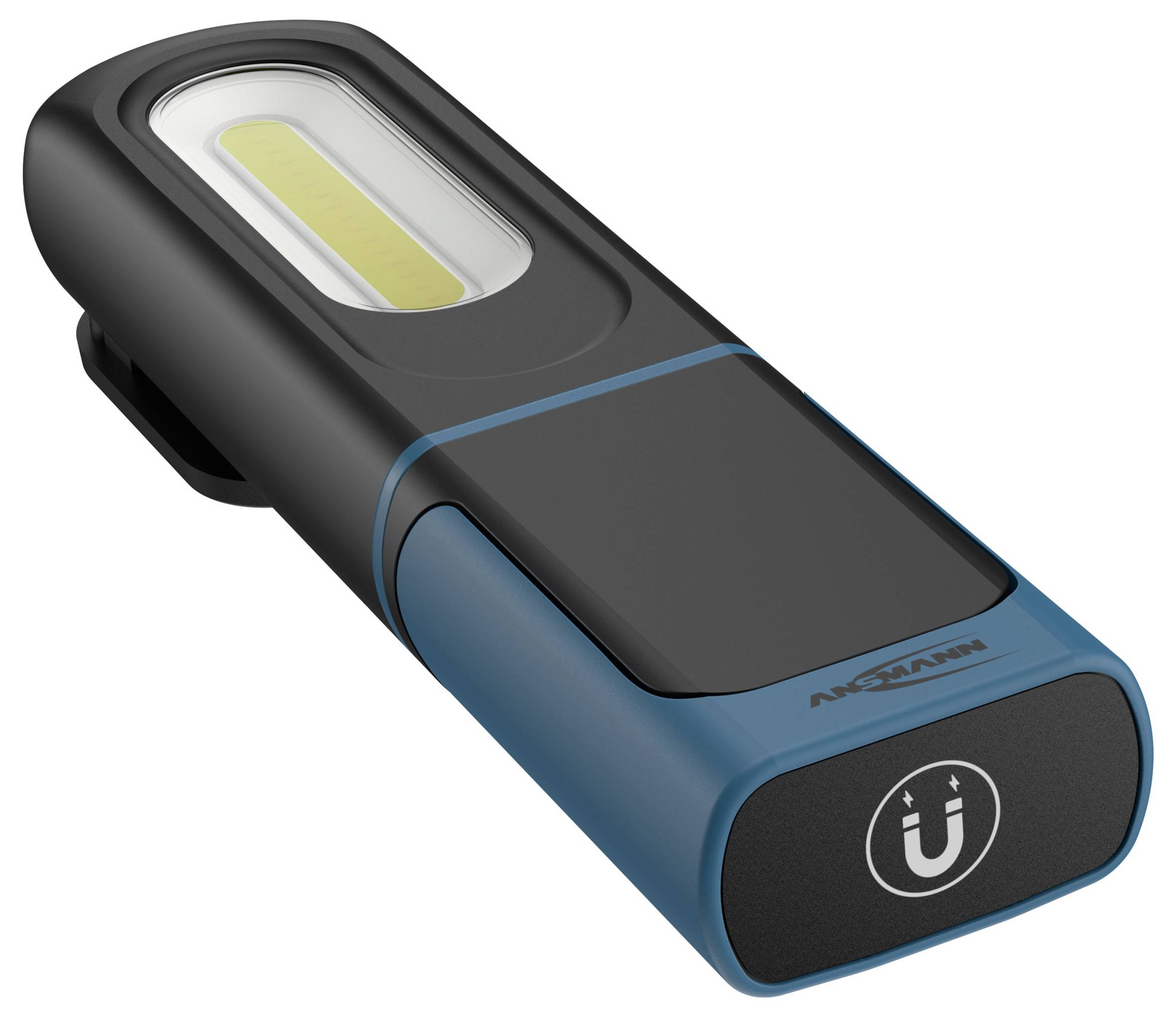 Eine blaue und schwarze Taschenlampe mit einer Klammer an der Seite, ausgestattet mit einem breiten LED-Lichtstreifen, die für mobile Nutzung konzipiert ist.