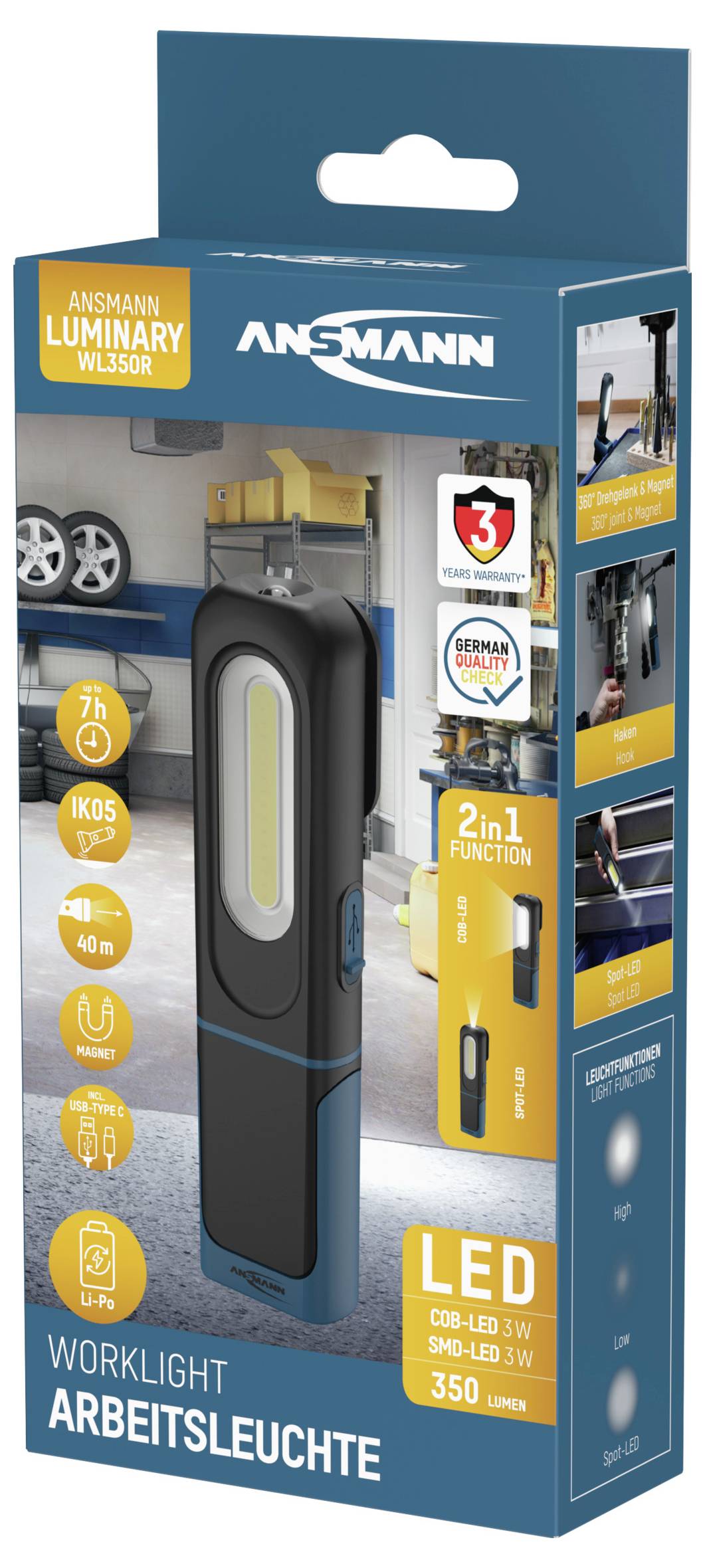 Ansmann 1600-0706 Wiederaufladbare Arbeitsleuchte WL350R COB LED Arbeitsleuchte akkubetrieben 350 l
