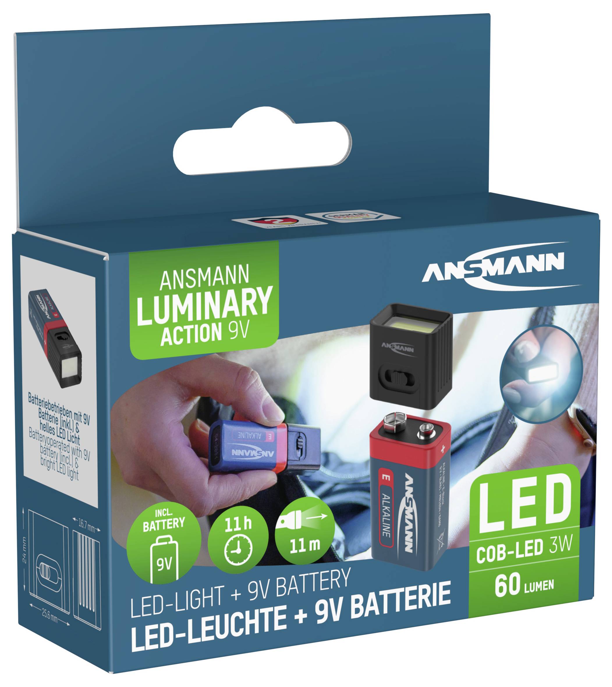 Ansmann 1600-0714 COB LED Mini-Leuchte betrieben durch 9V Batterie COB LED Handlampe batteriebetrieben 3W 60lm