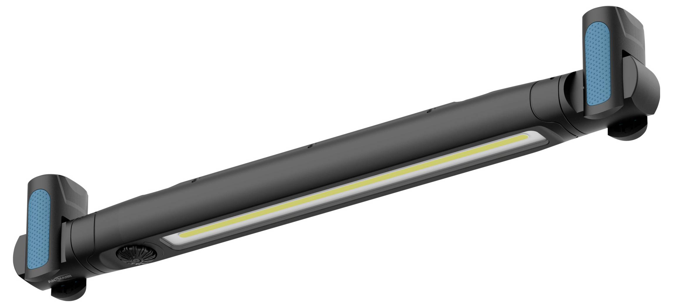 Eine elegante schwarze LED-Lichtleiste mit verstellbaren blauen Endkappen und einem zentralen LED-Streifen, konzipiert für vielseitige Montagemöglichkeiten.