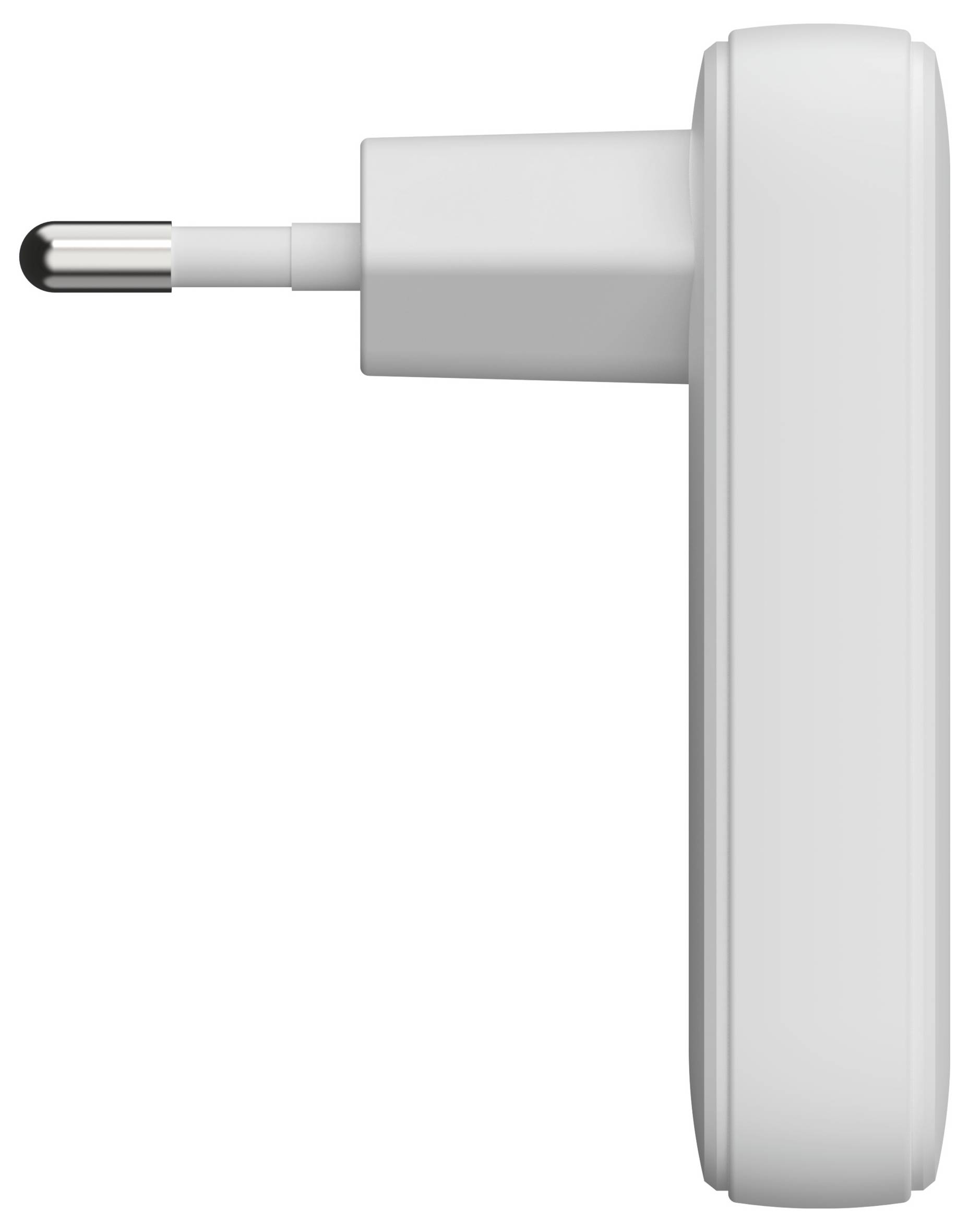 Ein weißes, seitliches Bild eines europäischen Zwei-Stift-Steckdosenadapters, das glatte Kanten und ein schlankes Design zeigt.