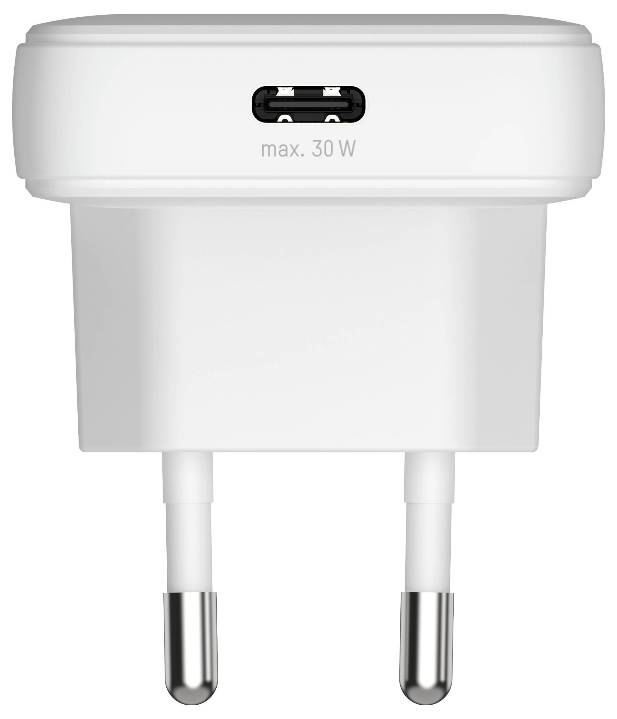 Weißer USB-C-Wandladegerät, beschriftet mit max. 30W, mit europäischem Steckertyp.