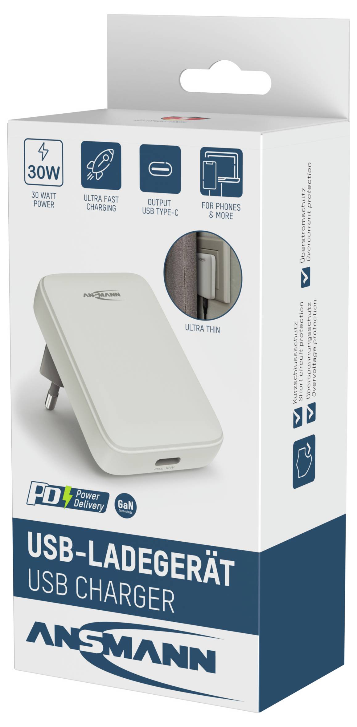 Ansmann 30W USB-C Ladegerät Verpackung zeigt Merkmale: USB Typ-C Ausgang, ultraschnelles Laden, extrem dünnes Design, geeignet für Smartphones.