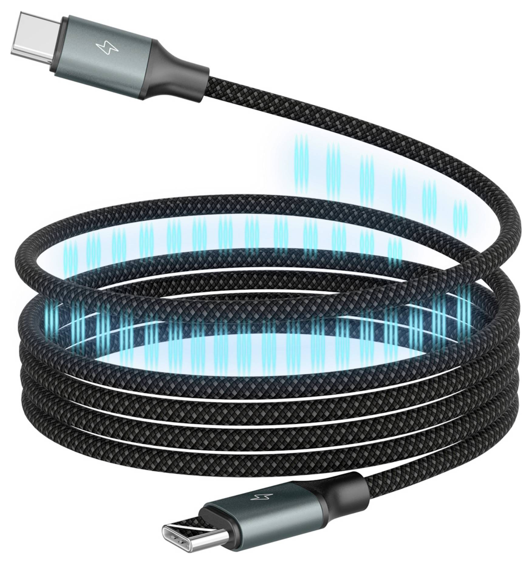 Ein aufgerolltes USB-Kabel mit blau leuchtender Beleuchtung, das Datentransfer symbolisiert und USB-C-Anschlüsse an beiden Enden aufweist.