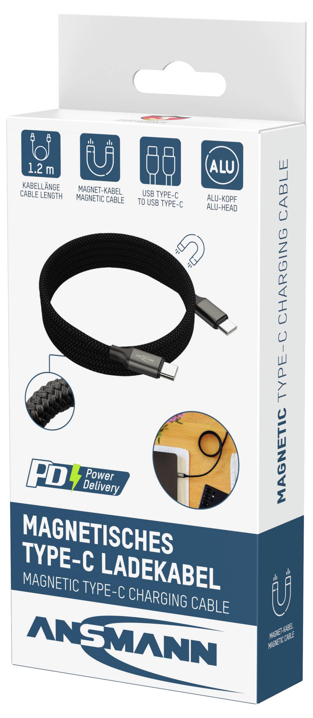 Ansmann Magnetisches Typ-C Ladekabel Verpackung, hebt hervor: 1,2m Länge, USB Typ-C, Aluminium-Kopf, Power Delivery Funktion.