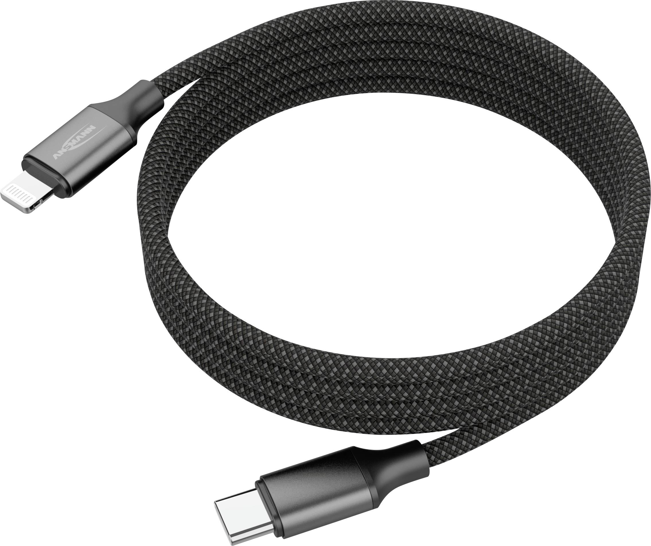Ein gewickeltes schwarzes geflochtenes USB-C zu Lightning-Kabel, entwickelt für Ladung und Datenübertragung zwischen kompatiblen Geräten.