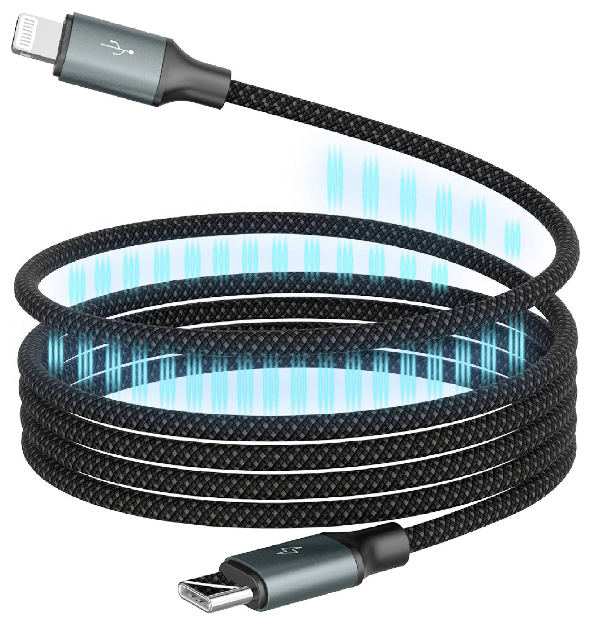 Ein aufgerolltes schwarzes Ladekabel mit blauen leuchtenden Akzenten, ausgestattet mit Lightning- und USB-Anschlüssen.