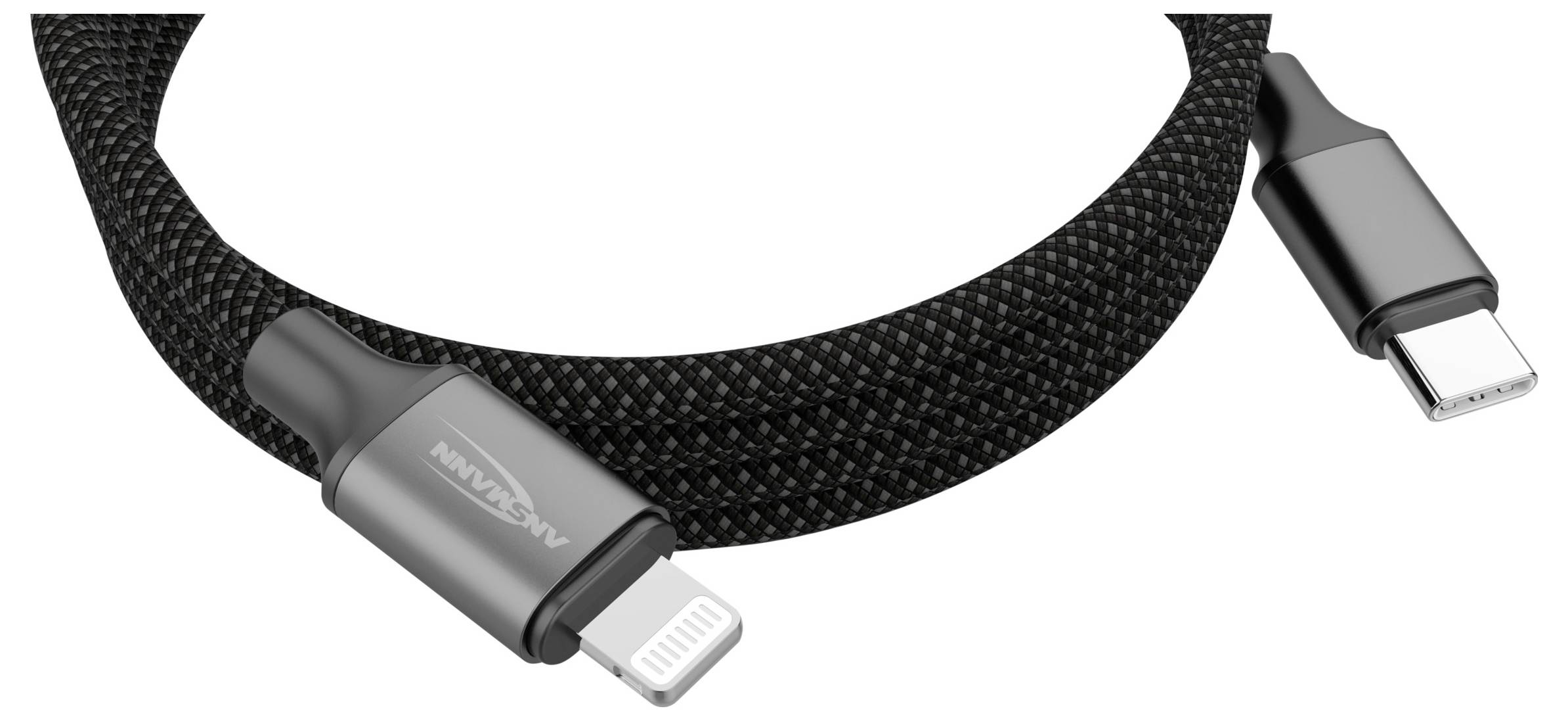 Ein schwarzes geflochtenes Ladekabel mit einem USB-C-Anschluss auf der einen Seite und einem Lightning-Anschluss auf der anderen Seite, das zum Aufladen von Geräten verwendet wird.