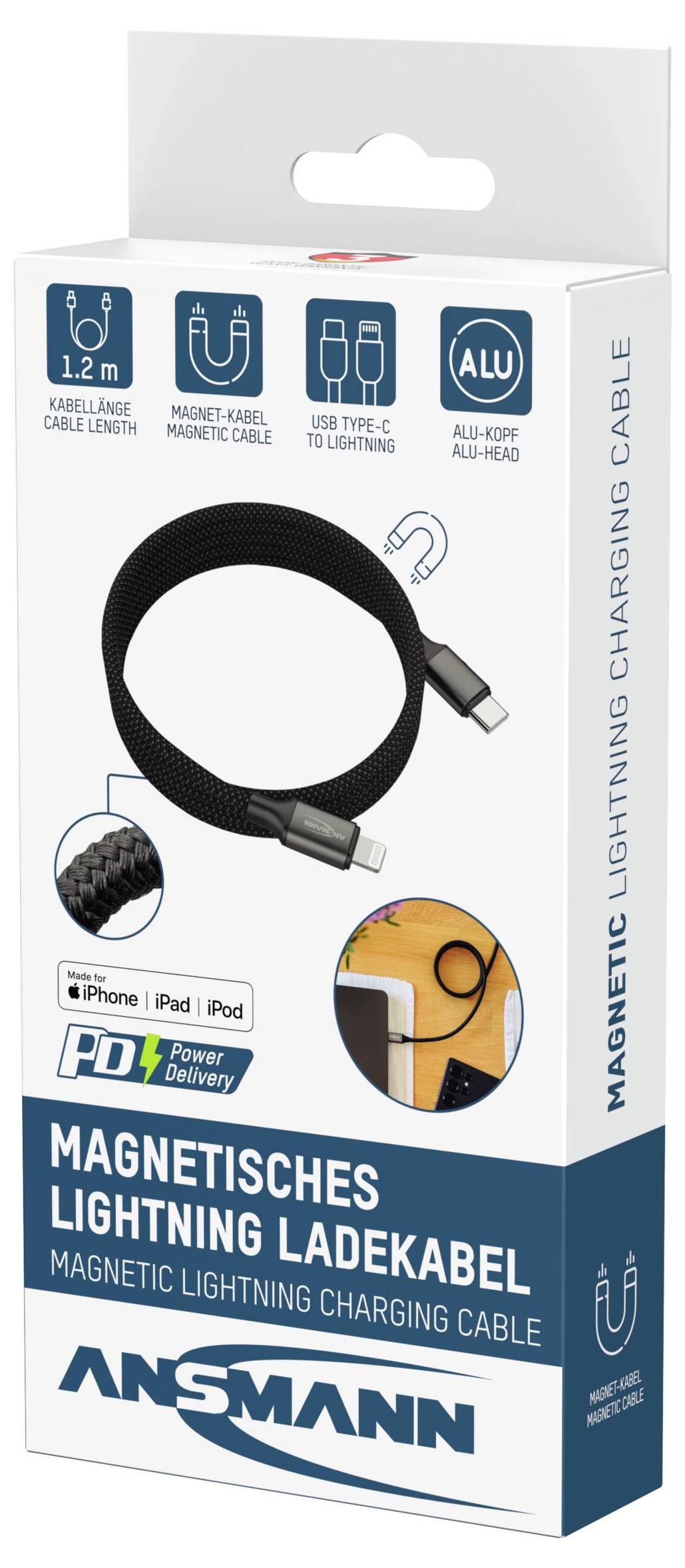 Verpackung eines 1,2m magnetischen Blitzkabel-Ladekabels mit Anzeige der Kabeldetails, USB Typ-C-Kompatibilität und 'Ansmann' Markenlogo.