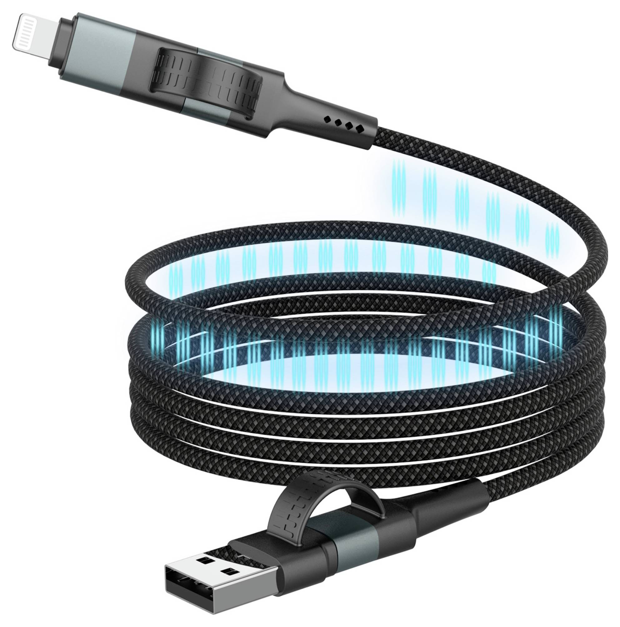 Ein aufgerolltes schwarzes Ladekabel mit USB- und Lightning-Anschlüssen hat ein leuchtendes blaues Licht, das einen aktiven Datenübertragungsvorgang anzeigt.