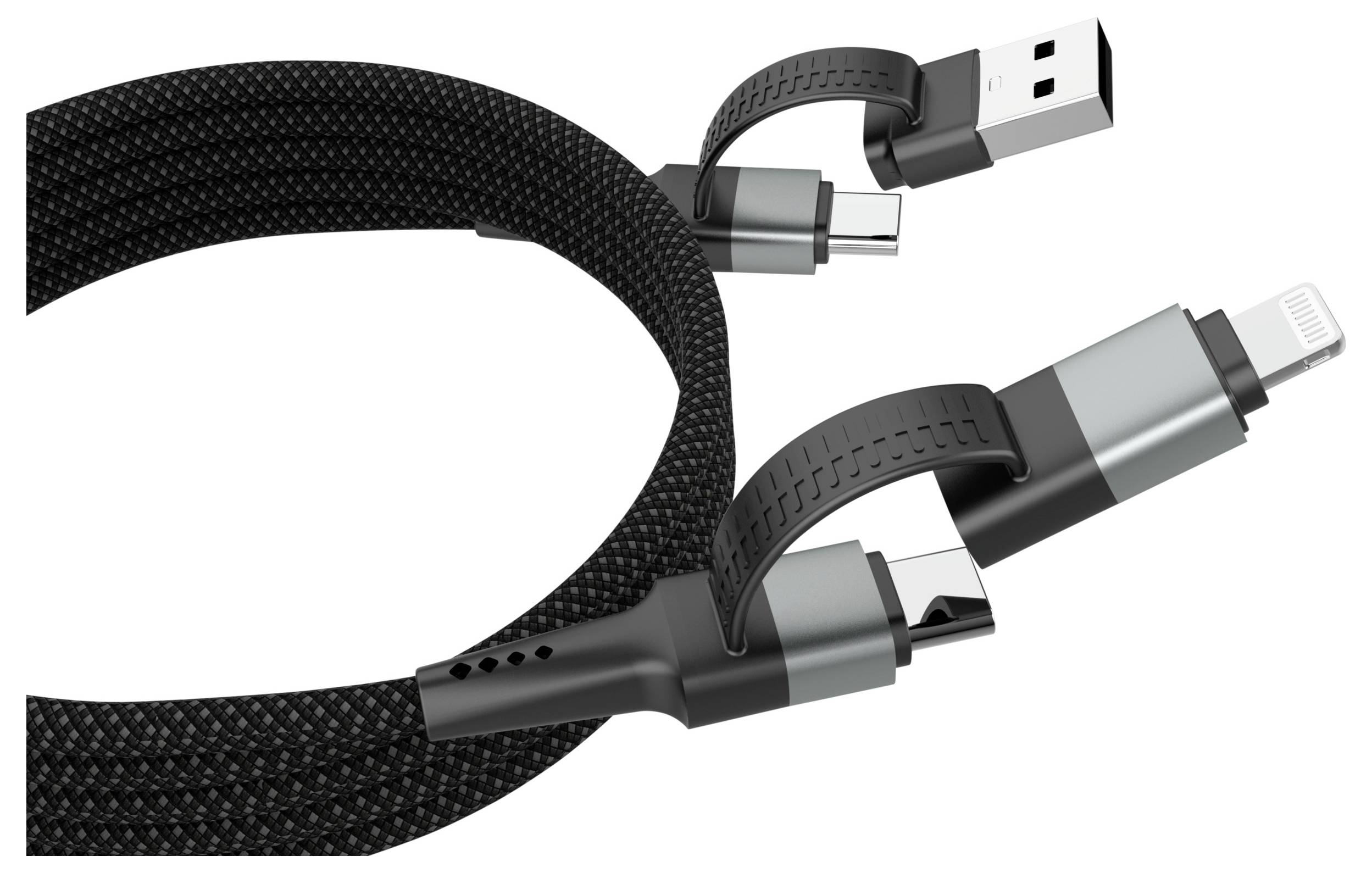 Ein schwarzes geflochtenes Ladekabel mit drei Anschlüssen: USB-A, USB-C und Lightning, entwickelt für vielseitige Gerätekompatibilität.