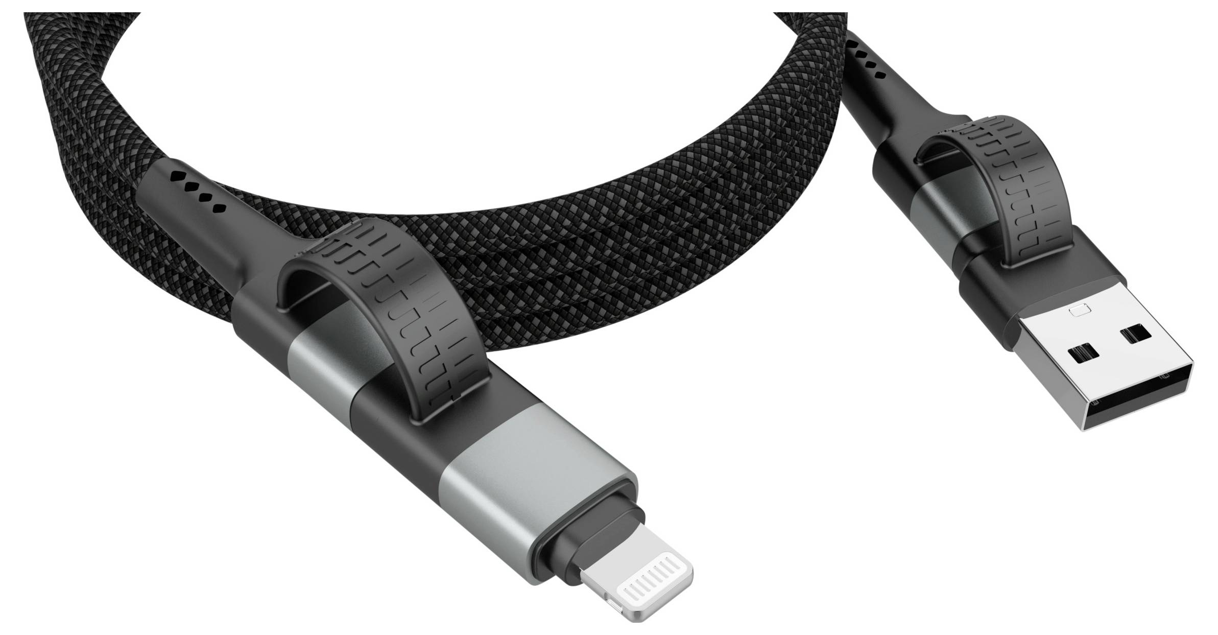Ein schwarzes geflochtenes Kabel mit Blitz- und USB-Anschlüssen, ausgestattet mit einem Klettverschluss zur einfachen Organisierung, geeignet zum Aufladen von Geräten.
