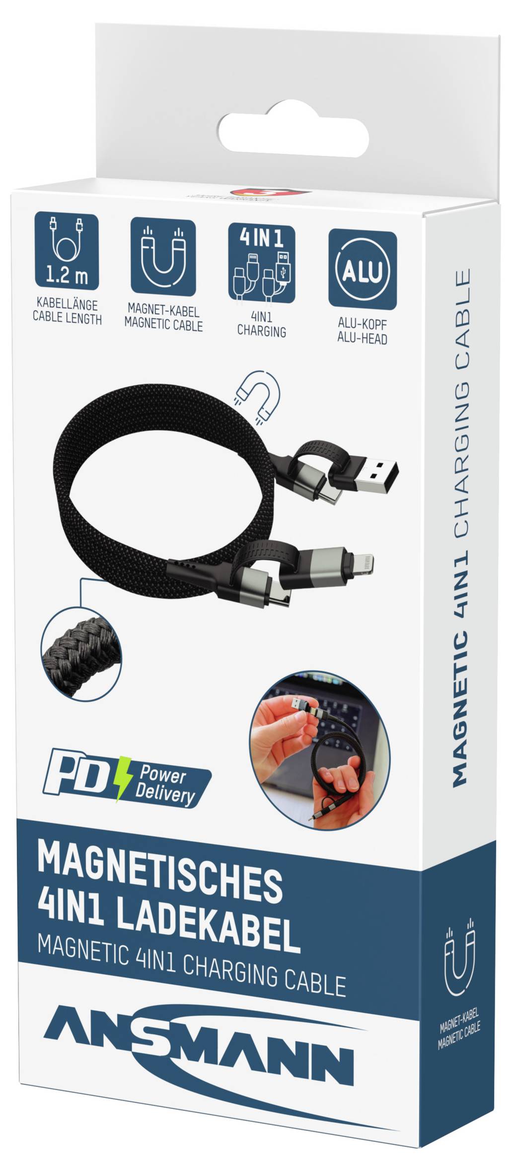 'Magnetisches 4in1 Ladekabel' Box zeigt ein 1,2m magnetisches Ladekabel mit 4 Anschlüssen. Zu den Merkmalen gehören Power Delivery und ein Aluminiumgehäuse.
