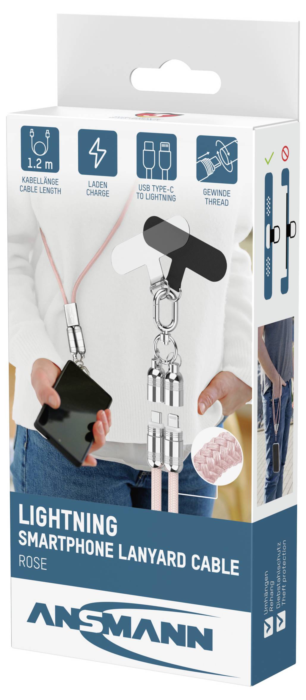 Ansmann Lightning Smartphone Trageband-Kabel, Rose, 1,2m.