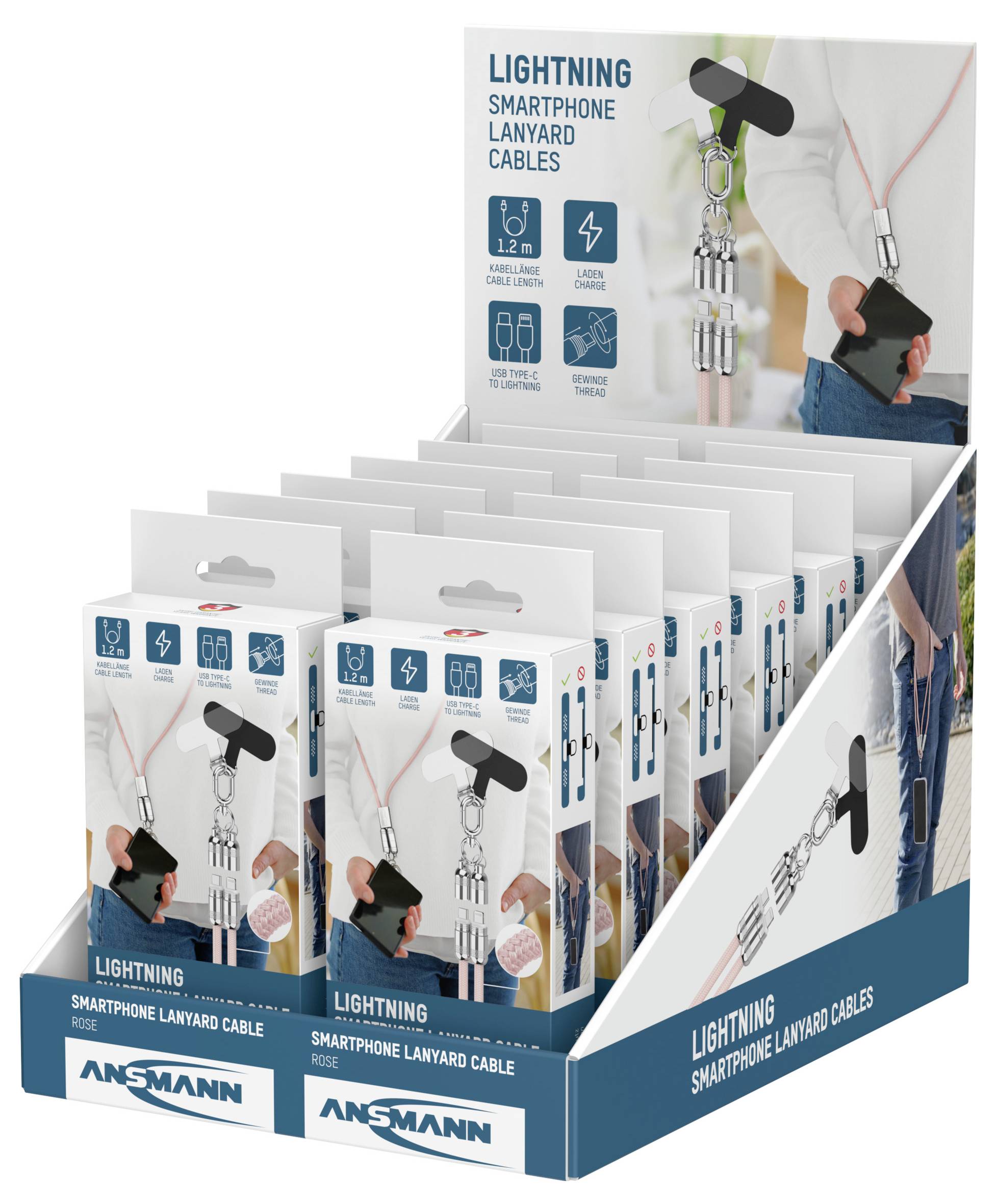 Darstellung von Ansmann Lightning-Smartphone-Lanyard-Kabeln in einer Einzelhandelsverpackung. Jedes Paket zeigt ein aufgewickeltes Kabel, das mit einem Telefon verbunden ist.