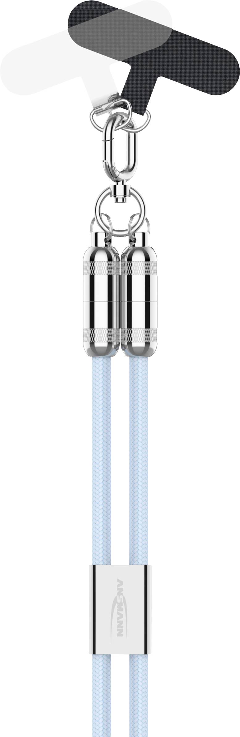 Ein blaues Springseil mit silbernen Griffen und einem schwarzen T-förmigen Griffbügel, der an einem Metallring an der Oberseite befestigt ist.