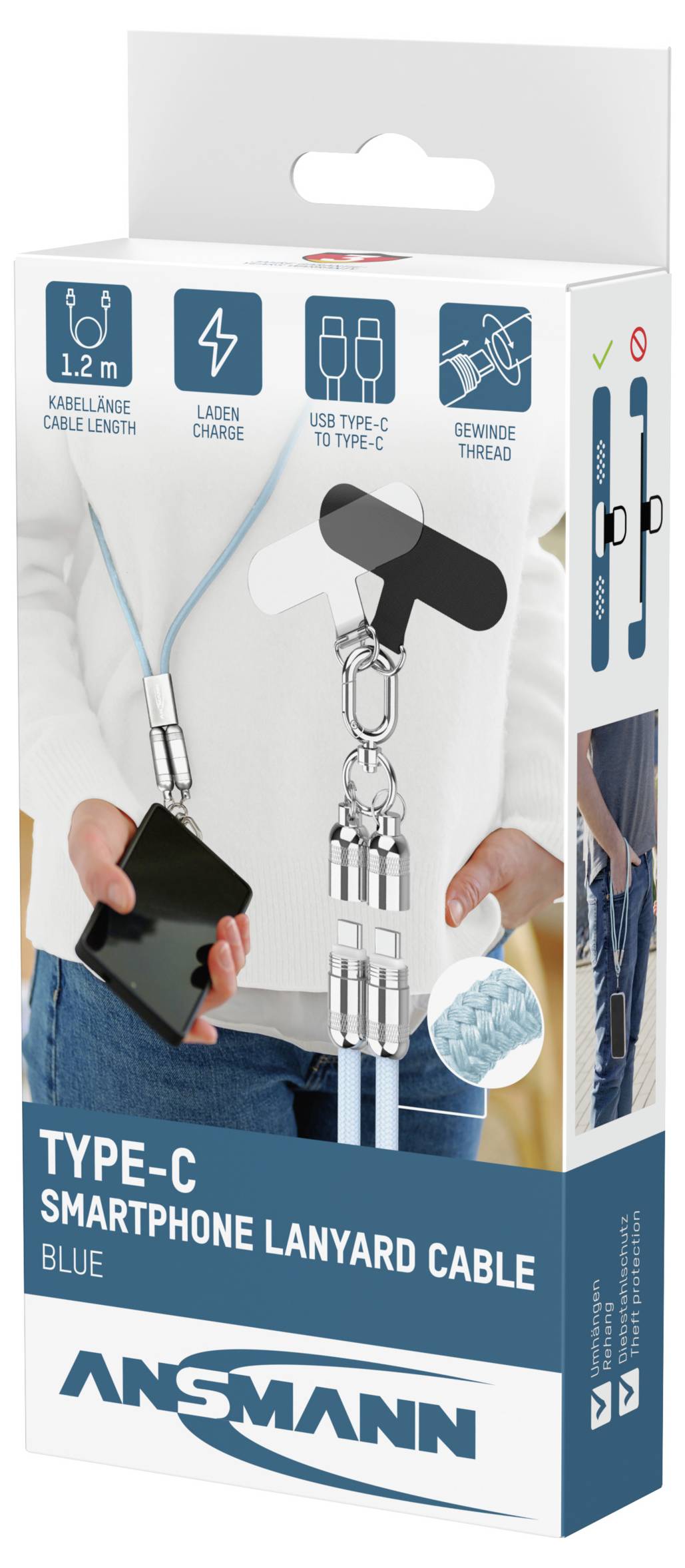 'USB-C Smartphone Lanyard-Kabel, Blau' Verpackung zeigt ein Kabel, das ein Smartphone um den Hals einer Person verbindet. Kabellänge: 1,2 m.